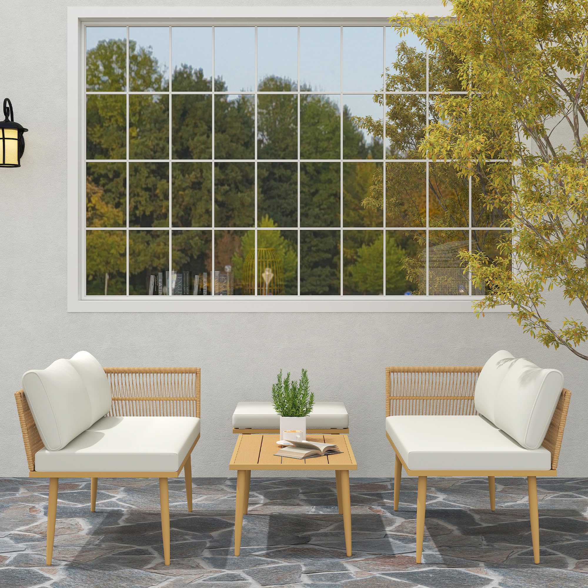 Outsunny Salon de Jardin Extérieur 5 Places Résine Tressée Modulable Crème | Mobilier de Jardin, 2 Canapés, Pouf, Table Basse, Coussins Déhoussables Inclus, pour Balcon Terrasse Véranda