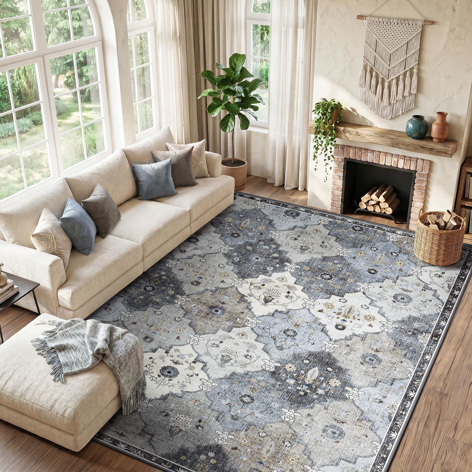 INOVADAY Teppich Wohnzimmer Moroccan Teppich Waschbar Boho Kurzflor rutschfest Teppiche für Lounge Schlafzimmer Esszimmer mit Druckmuster