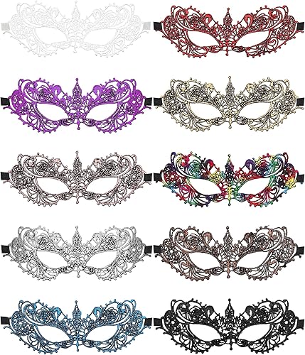 Vista 14 de JOVITEC 10 máscaras multicolor para mujer, máscaras venecianas de encaje, para Halloween, carnaval, mari, hierba, fiesta de disfraces