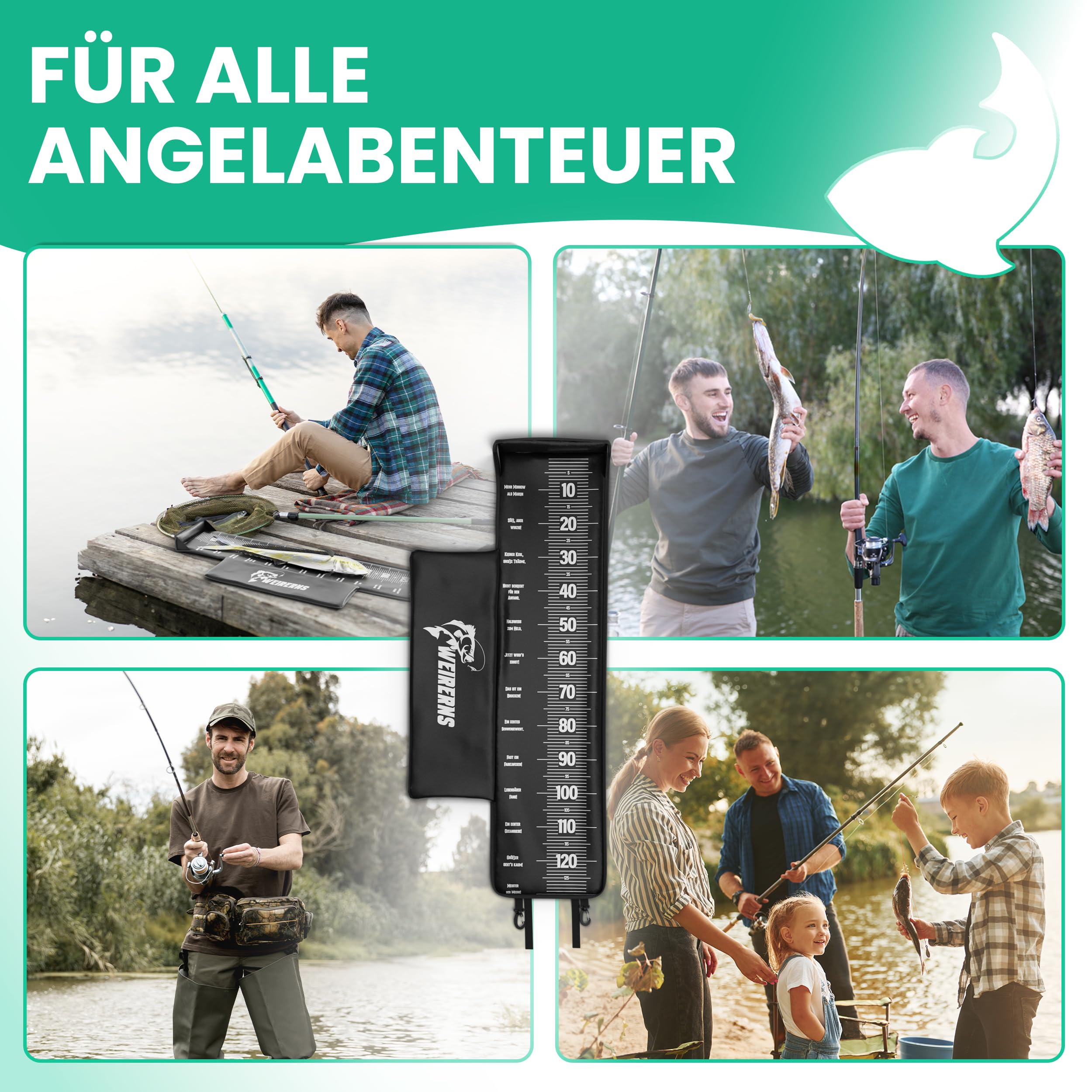 Premium Abhakmatte, Abhakmatte Angeln, Abhakmatte mit Maßband 130cm, mit humorvollen Sprüchen & ohne, leicht zusammenrollbar & Kantenschutz