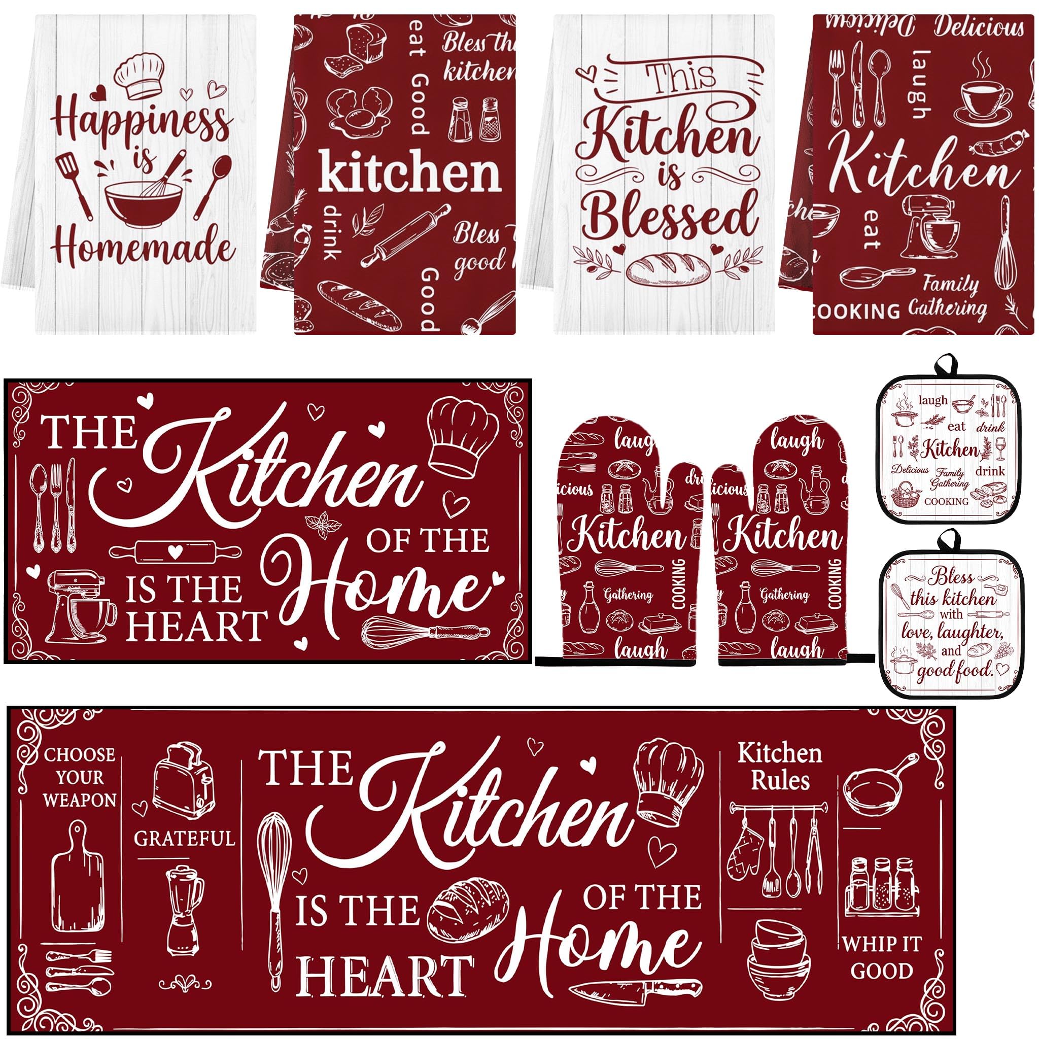 Photo 1 of Red Kitchen Decor and Accessories Set 10 Piece, Burgundy Retro Farmhouse Baking Theme Kitchen Towels, Rugs, Oven Mitts and Pot Holders, Happiness is Homemade Decor Gift for Baker Mom Women