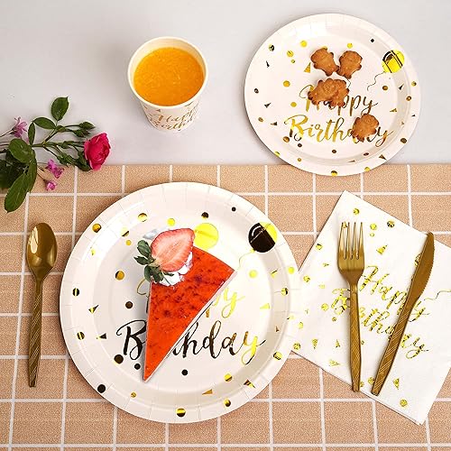 Miniatura 5 de 200 piezas de suministros de fiesta de cumpleaños blancos y dorados, juego de vajilla desechable de feliz cumpleaños, cuchillos de plástico dorado,