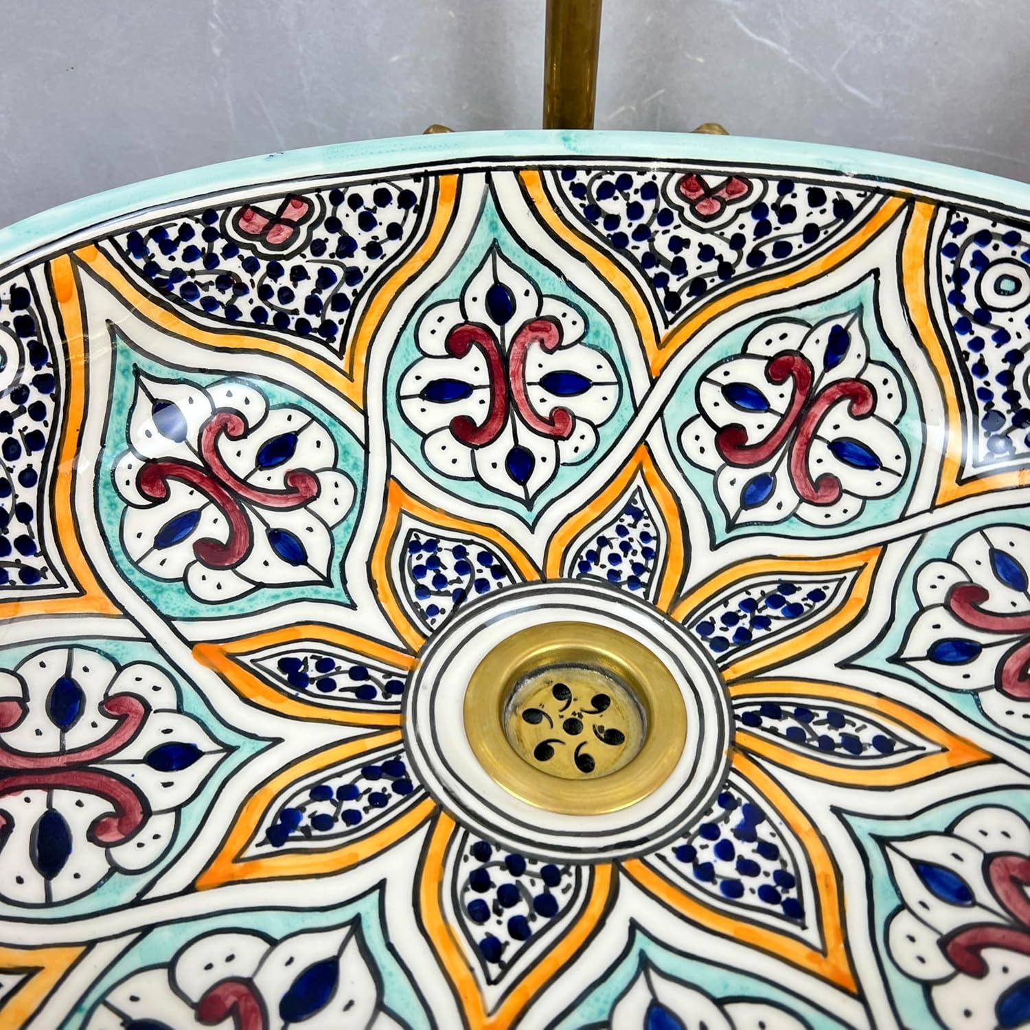 Handmade Moroccan Ceramic Vessel Sink - Multicolor Colorful Oval Basin - Hand-Painted Eclectic Boho Bathroom Vanity Washbowl (43x30cm = 17x12in)