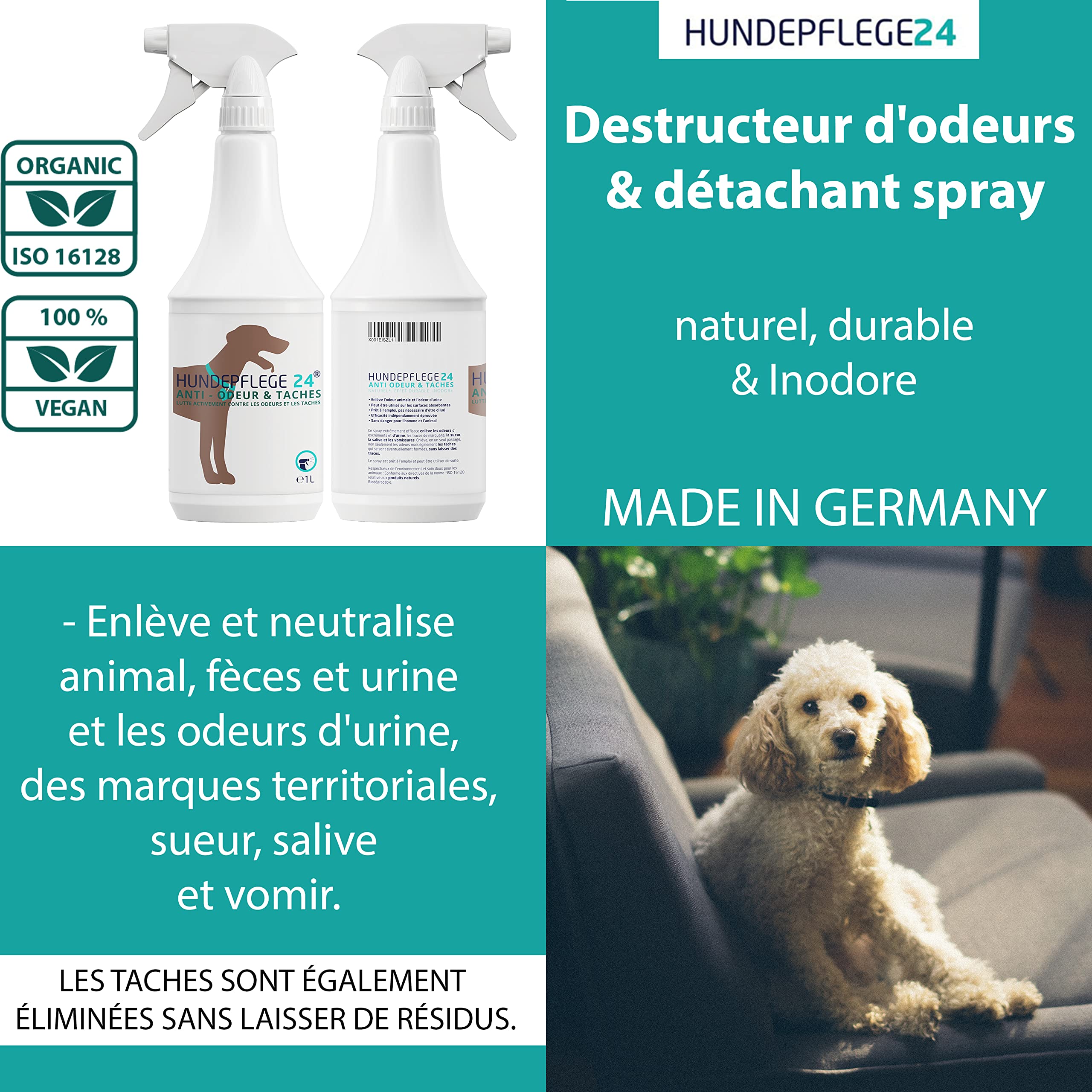 Destructeur d'odeur & détachant en Spray 1 Litre - Action extrêmement Efficace Contre Urine, excréments, vomissures et salive de Chiens et Chats - Neutraliseur d'odeur & nettoyant