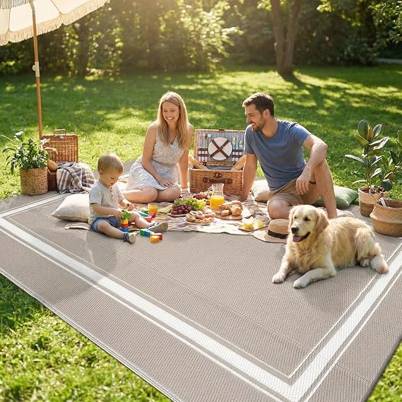 GAOMON Outdoor Rugs 8x10 Waterproof Reversible Plastic Straw Rug Bordered Patio Rug, Foldable Lightweight RV Camping Mat with Portable Bag & 4 Stakes, UV Resistant & Sturdy for Picnic, Dusty Taupe