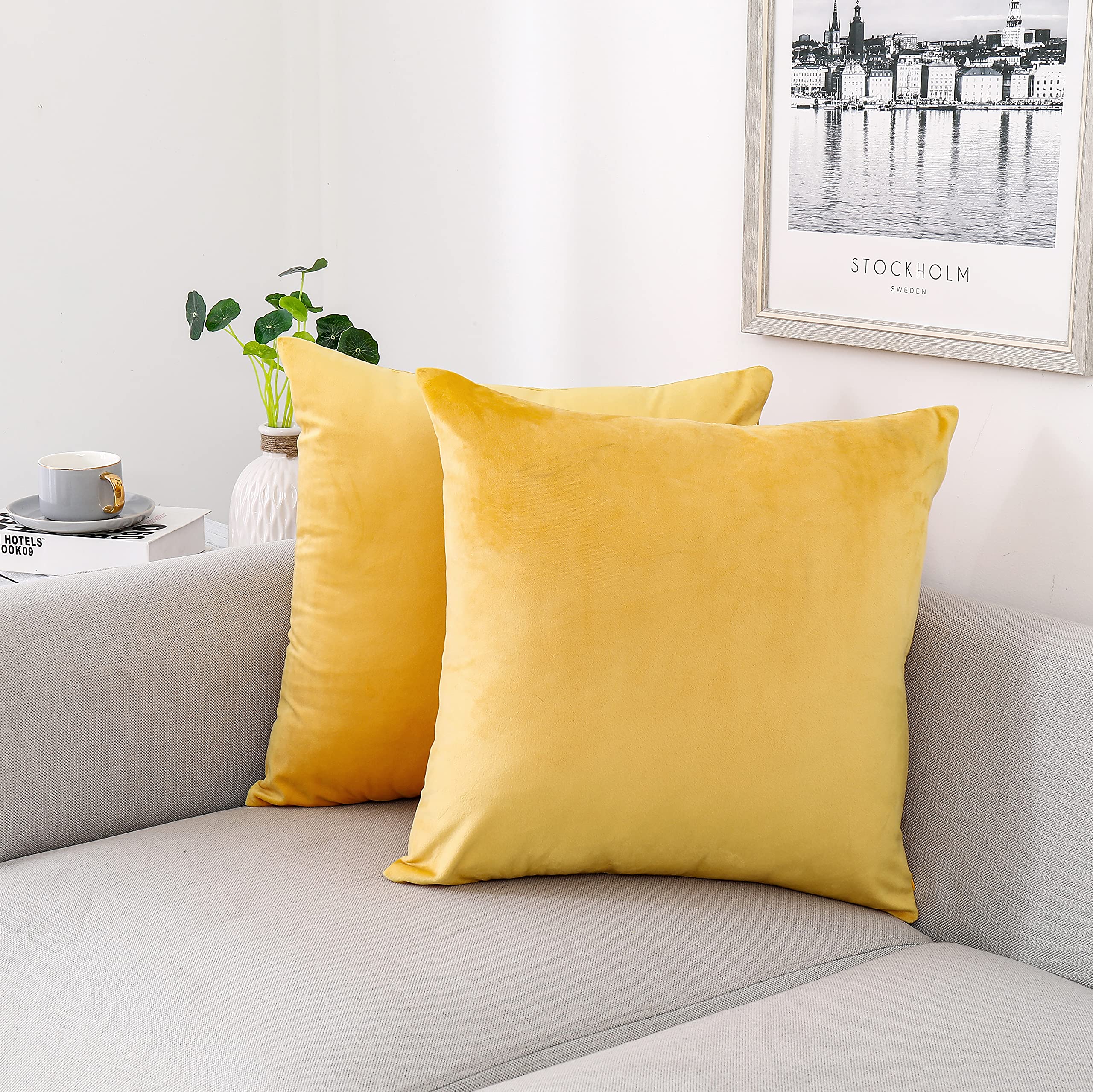 NiNi ALL Decorative Throw Pillow Covers Velvet 28x28 Inch Pack of 2 Yellow Cushion Covers Soft for Couch Sofa Bedroom Living Room Outdoor
