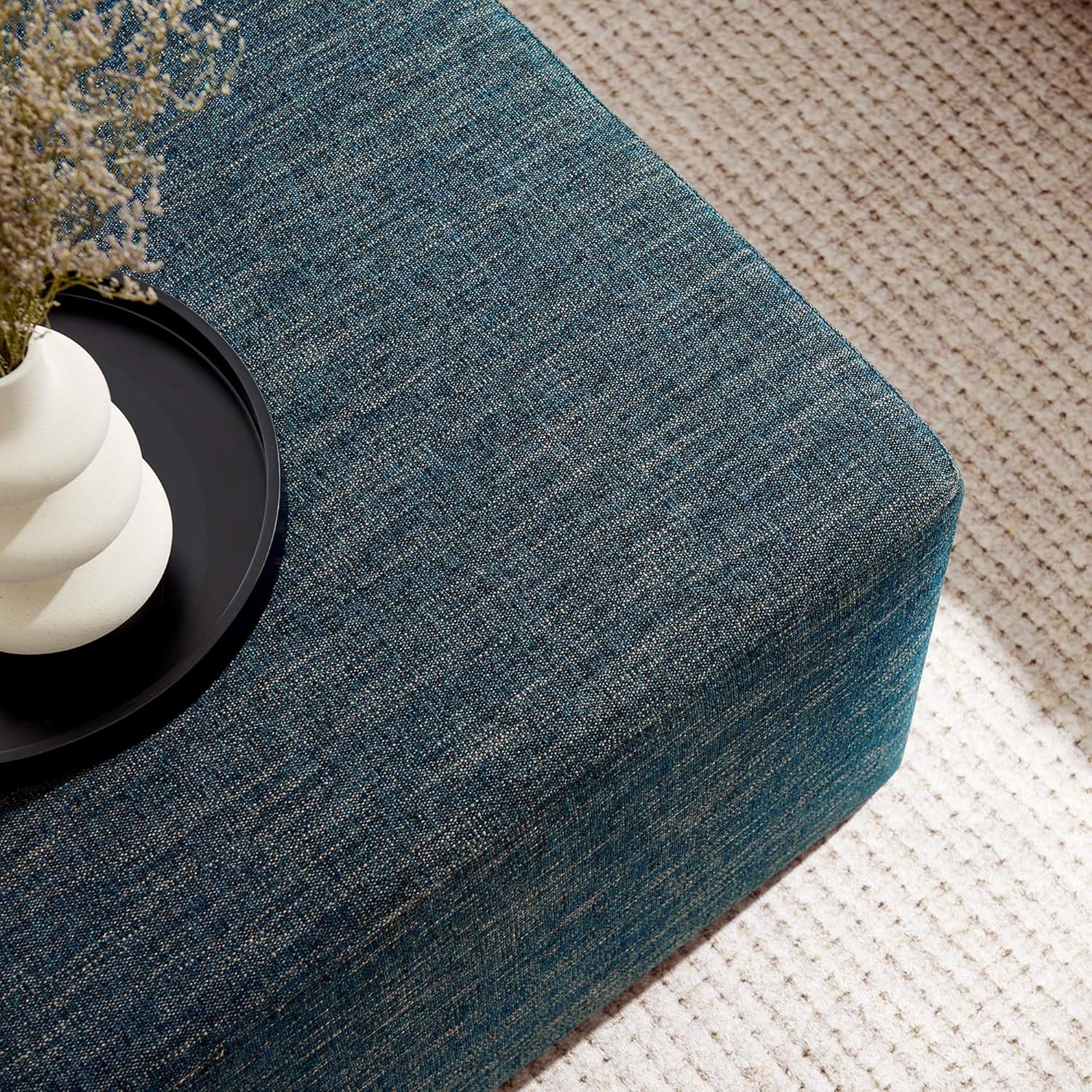 Modway Callum 28 Inch Square Ottoman in Heathered Weave Azure - Heathered Woven Fabric - Versatile Upholstered Coffee Table and Footrest - Couch Ottoman - Living Room Accent Table - Large Footstool