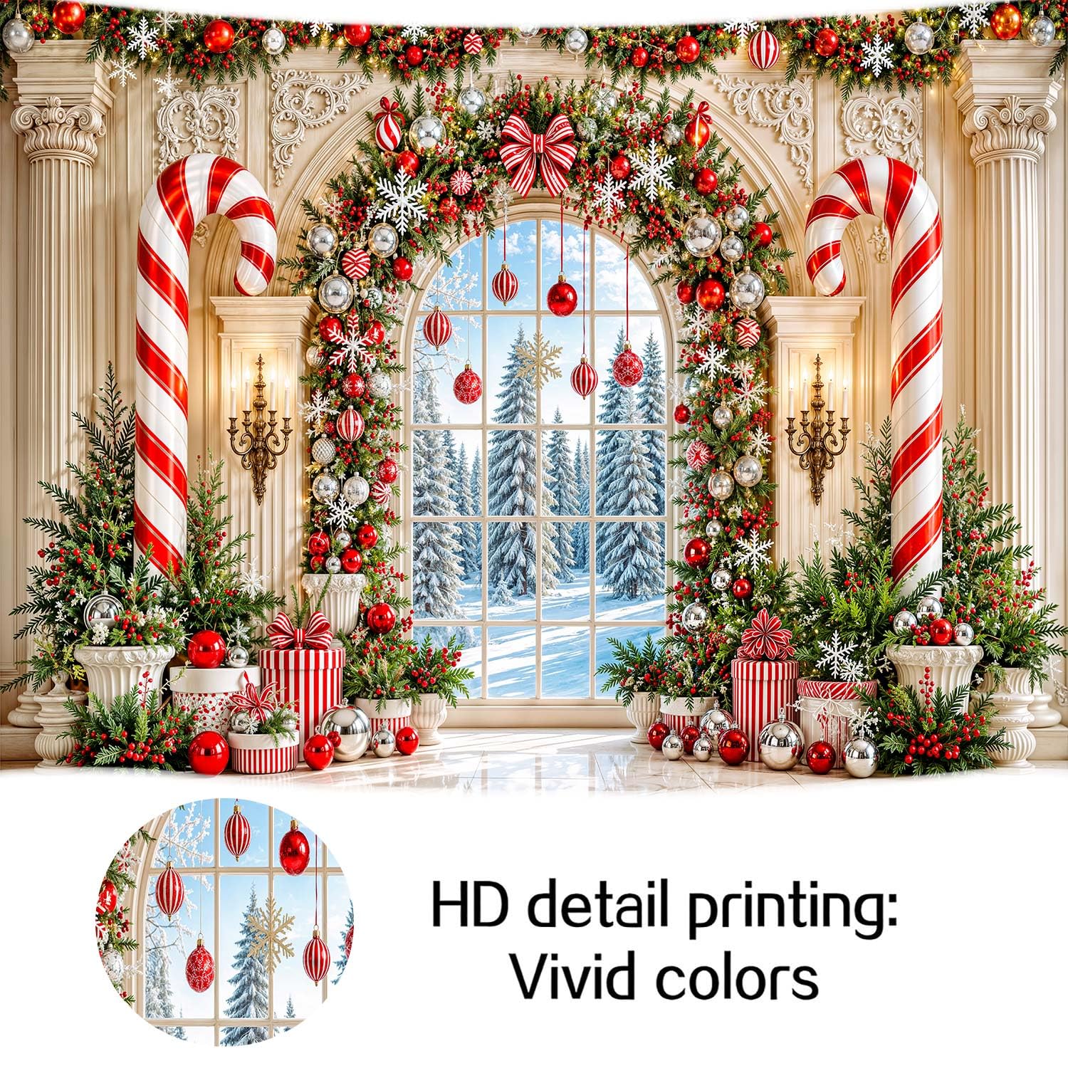 Arche enneigée Fenêtre Couronne de Noël Photographie Toile de fond Décoration de fête de Noël | Boîte cadeau en forme de sapin de neige pour Noël, hiver, vacances, famille, gâteau, table, photomaton, décoration 3 x 2,4 m