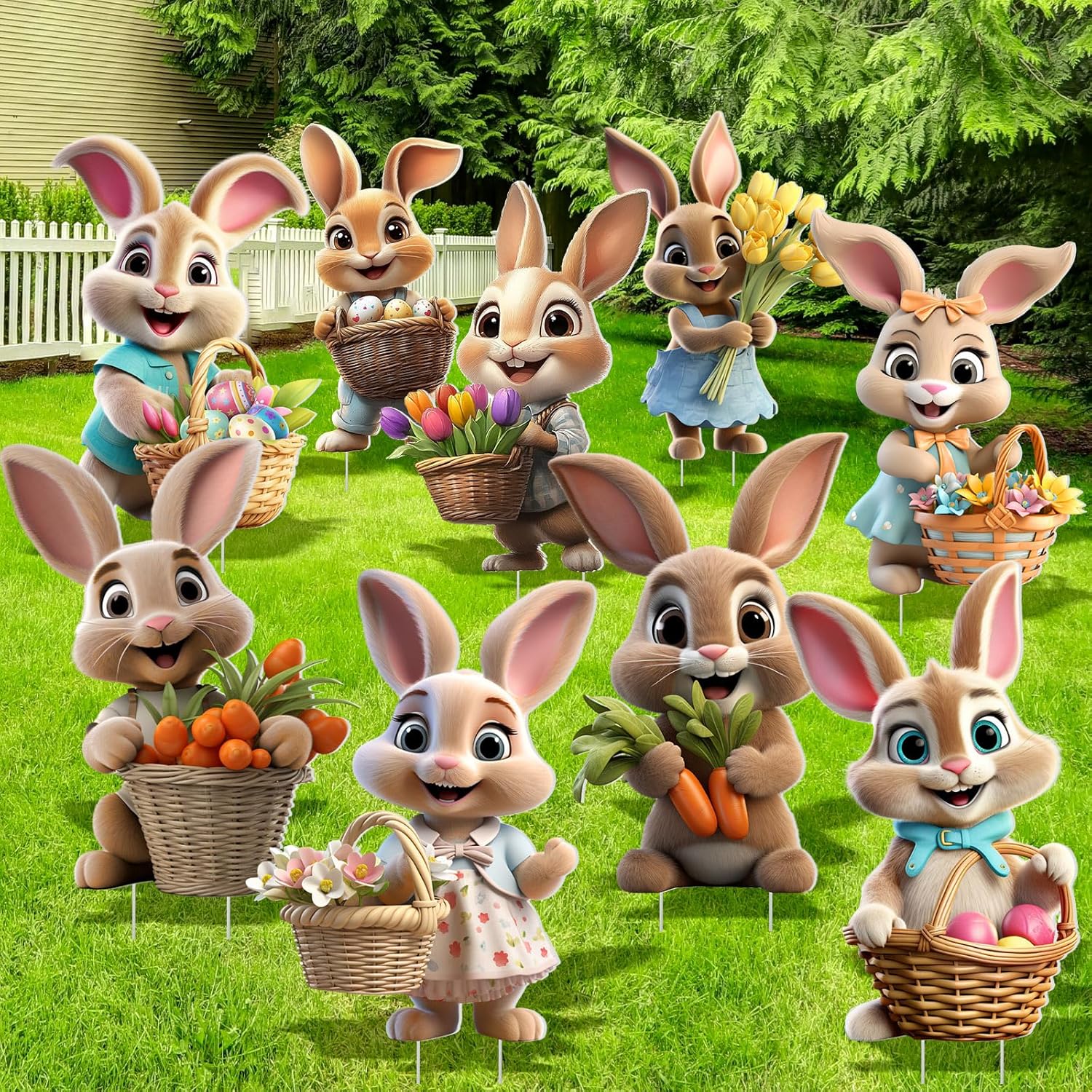 9 Pcs Large Outdoor Easter Bunny Decorations Colorful Easter Bunny Yard Signs with Stakes Outdoor Garden Decorations Holiday Welcome Lawn Signs for Spring Home Lawn Patio Decor