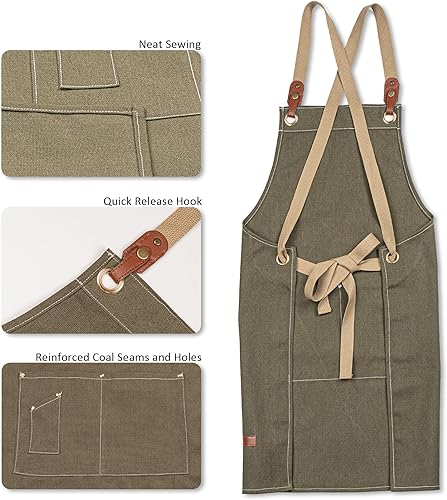 Miniatura 2 de MT WORLD Canvas Apron for Men Personalized Cooking Aprons for Men Embroidered Kitchen Chef Apron Cafe Bartender Barista Apron Verde militar