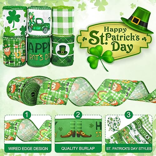 Miniatura 3 de AnyDesign Cinta de borde con alambre para el día de San Patricio de 25 pulgadas 36 yardas trébol duende elfo camión cinta de manualidades rollo de