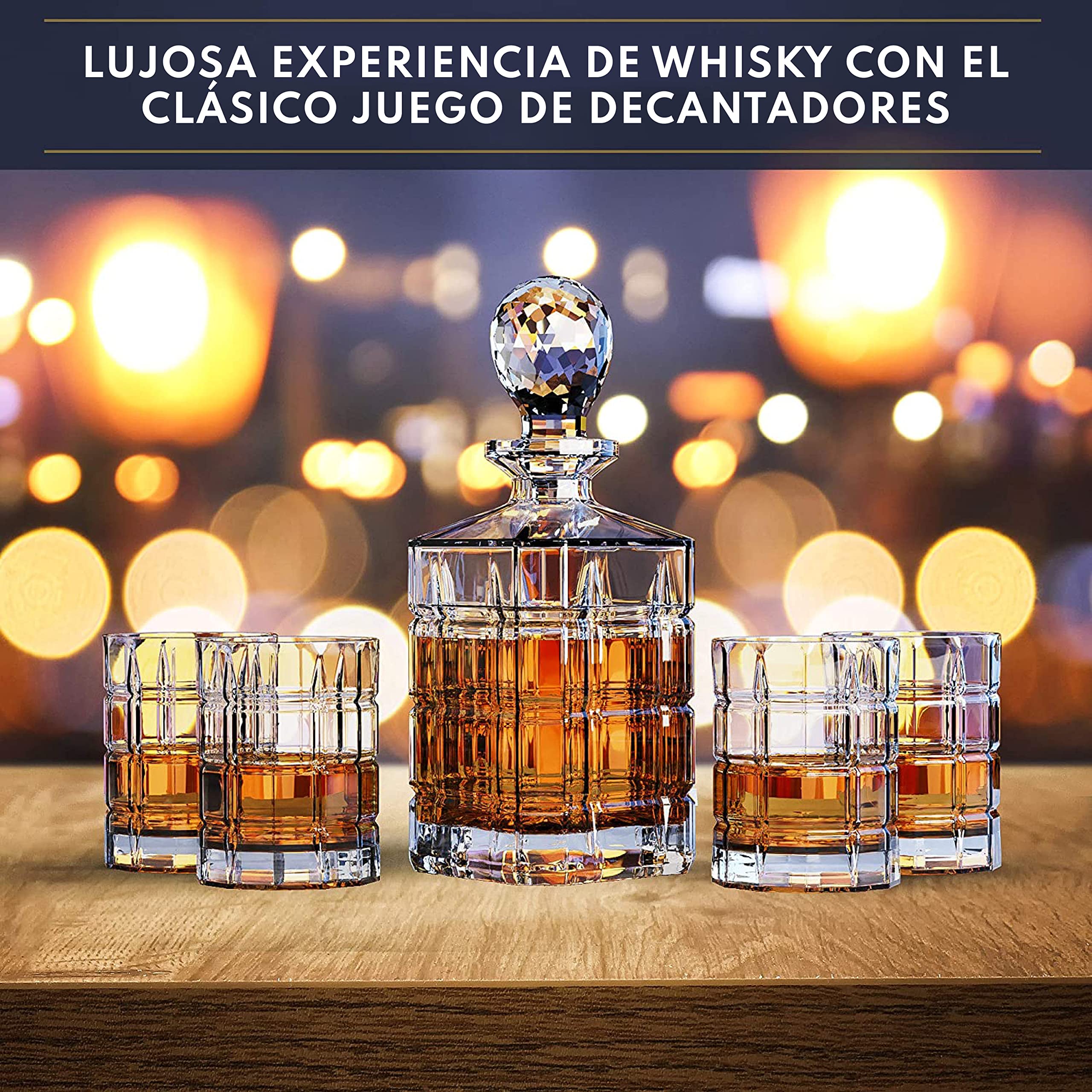 REGAL TRUNK & CO. Juego de jarra de whisky | 4 vasos cuadrados grabados con whisky y vidrio | Juego de jarra de whisky de cristal | Caja de regalo y paño de limpieza para vidrio