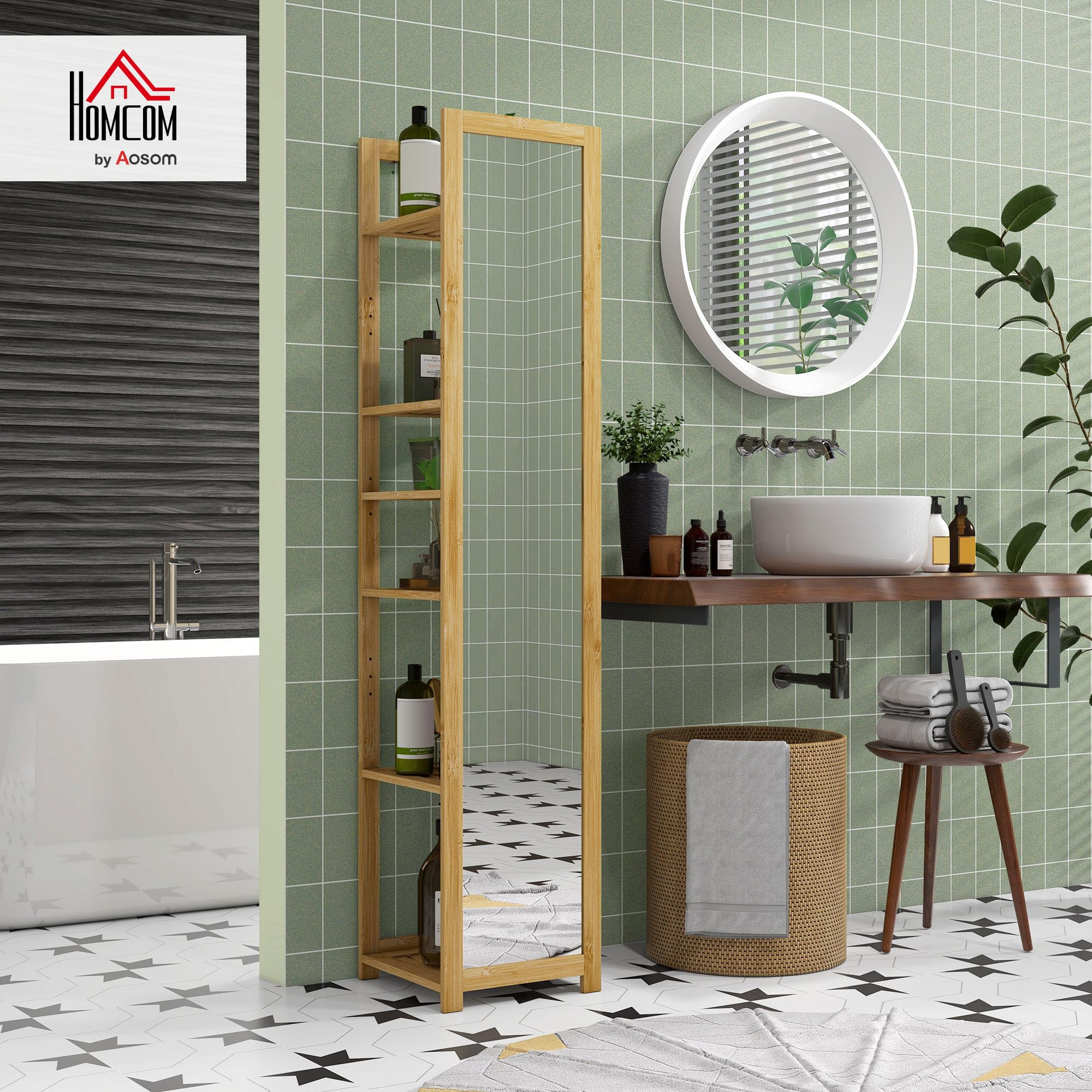 HOMCOM Meuble Colonne de Salle de Bain avec Miroir Naturel 35 x 35 x 168 cm