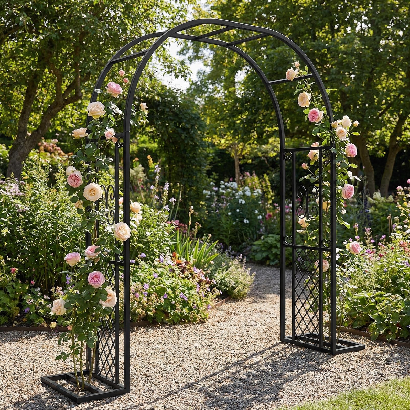 Arco de jardín de metal negro para bodas y rosas trepadoras con base de 2.6x2.3m