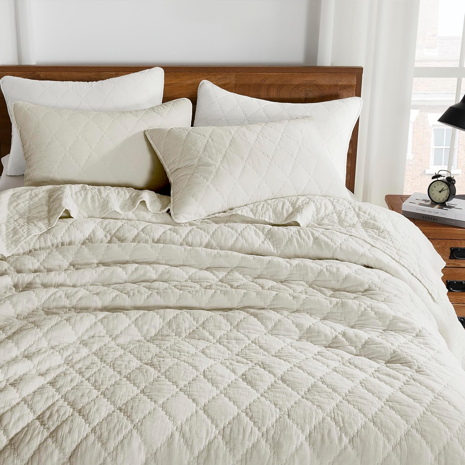 Beige Queen Size palassio Beige Queen Size Quilt Set, Muslin Cotton Shell Down-Alt Poly Filling, Soft Shabby Chic Rustic Farmhouse Country Bedspread, Lightweight Textured Gauze Coverlet, Lightweight Bedding, 2 Shams