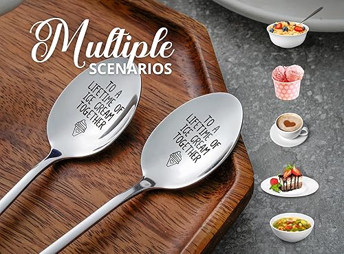 Miniatura 2 de Cuchara de helado grabada para regalar a pareja en aniversario, 2 cucharas de café personalizadas de acero inoxidable, para toda una vida de helado