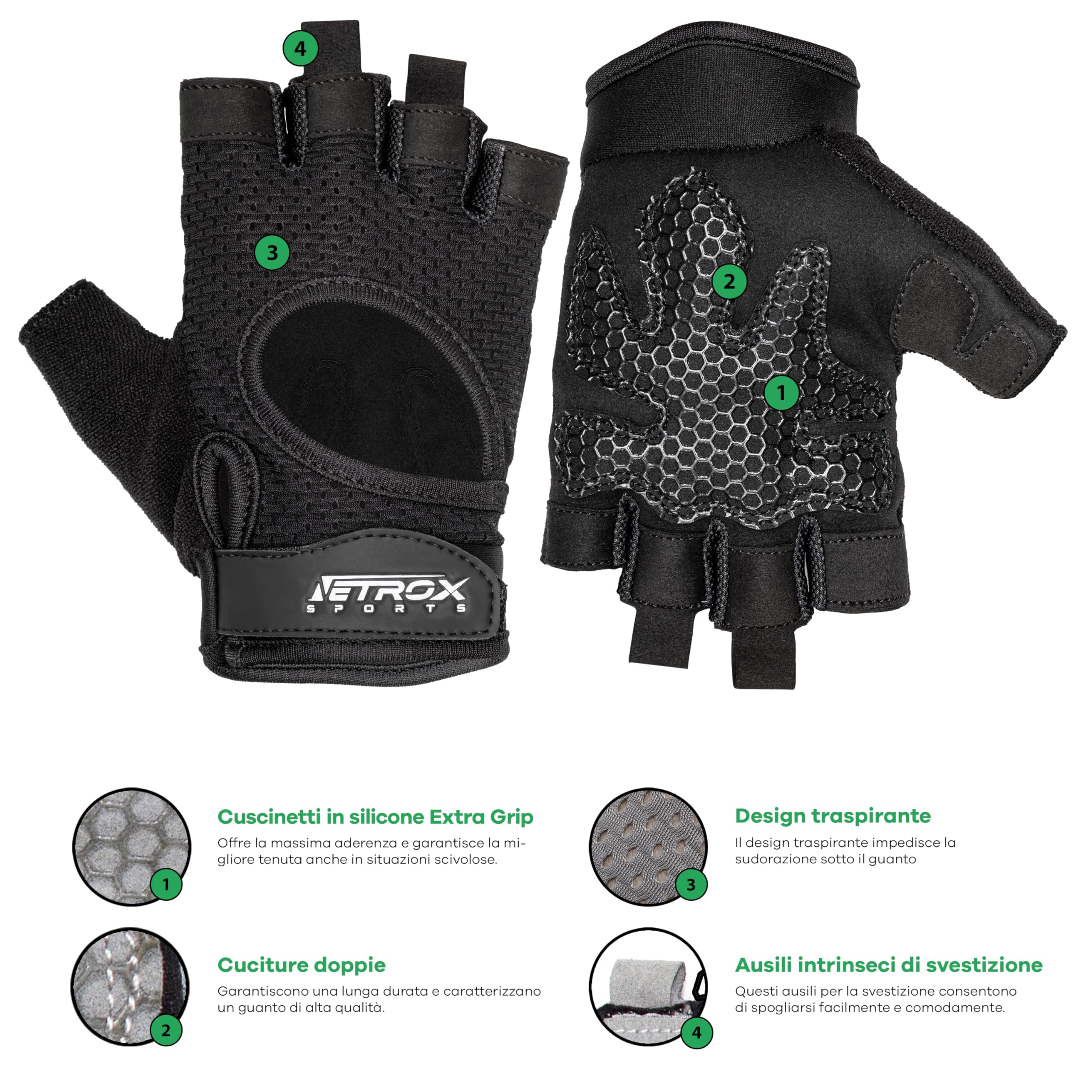 Netrox NetroxSports - Guanti Palestra Uomo e Donna - Traspirante e con un grip extra - Bici, MTB, Fitness, Calisthenics, Bodybuilding, Ciclismo, Gym Gloves, Accessori Sollevamento Pesi, Sportivi