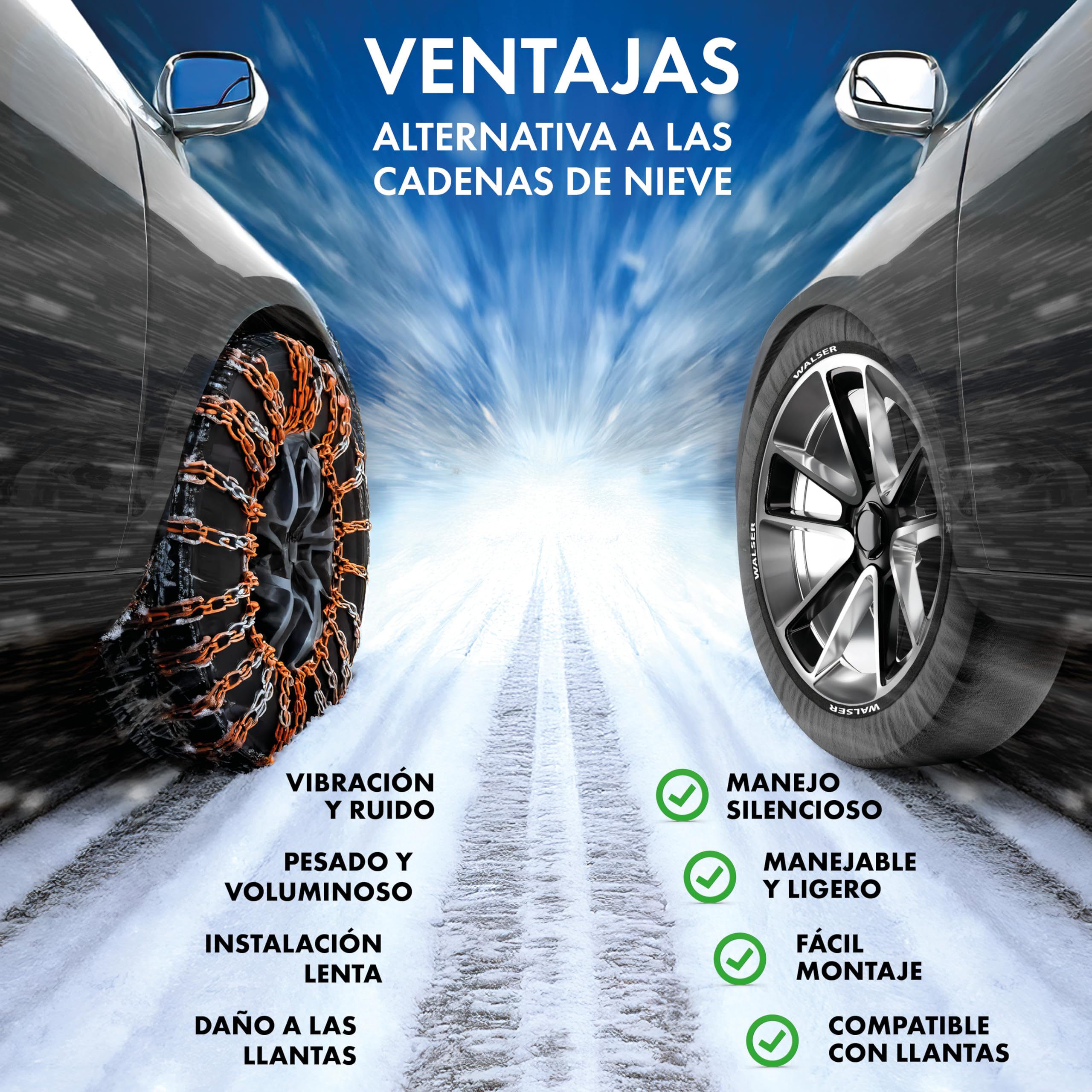 Walser Premium Cadenas de Nieve Ultra Grip, Juego de 2 Cadenas de Nieve Textiles, Dos Fundas Rueda Nieve para Coche, Cadenas de Nieve Textiles, Cadenas de Invierno Coche tamaño de llanta R13-R22, XL