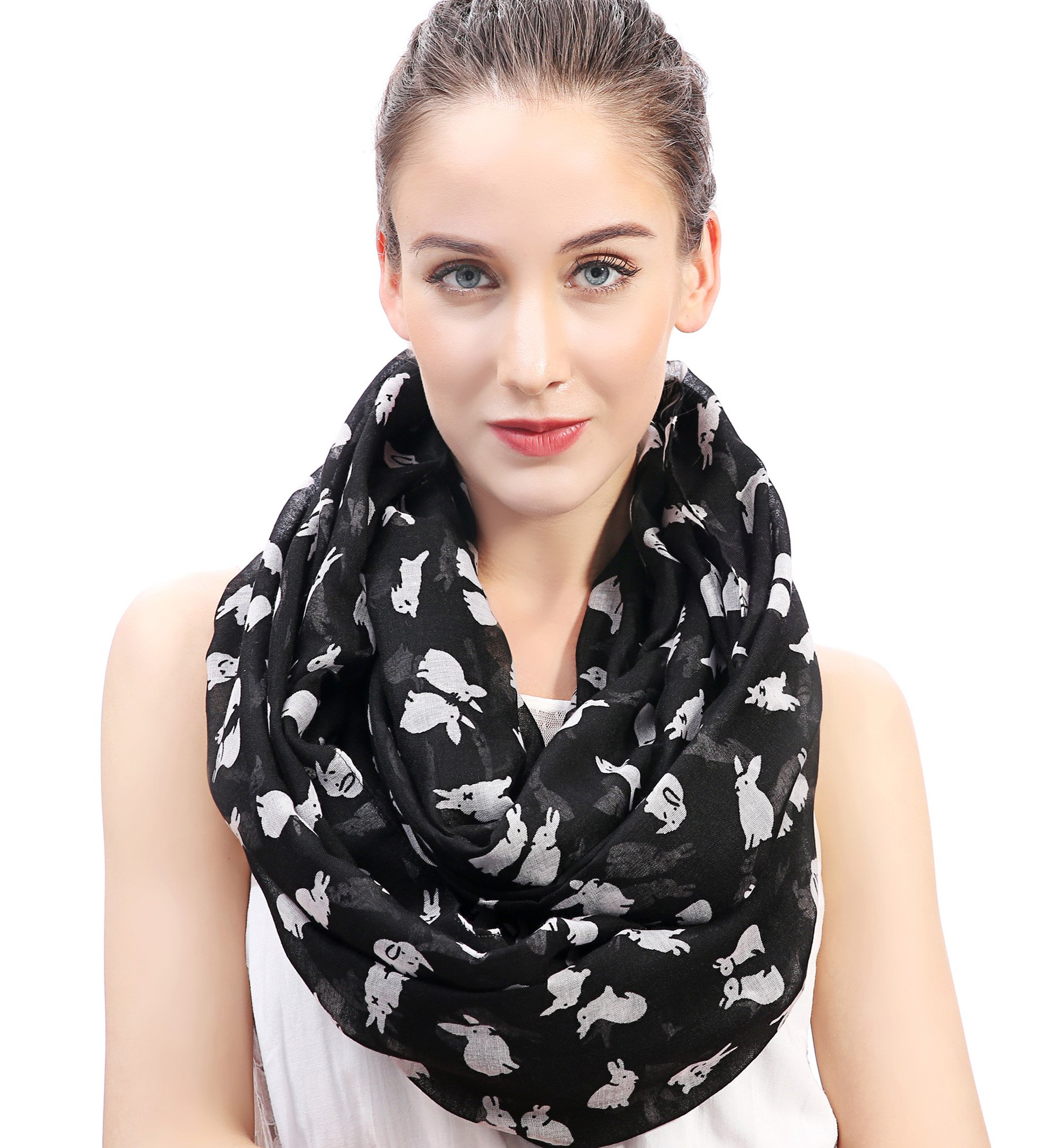 Lina & Lily Rabbit Bunny Print Lightweight Snood Scarf (Black)