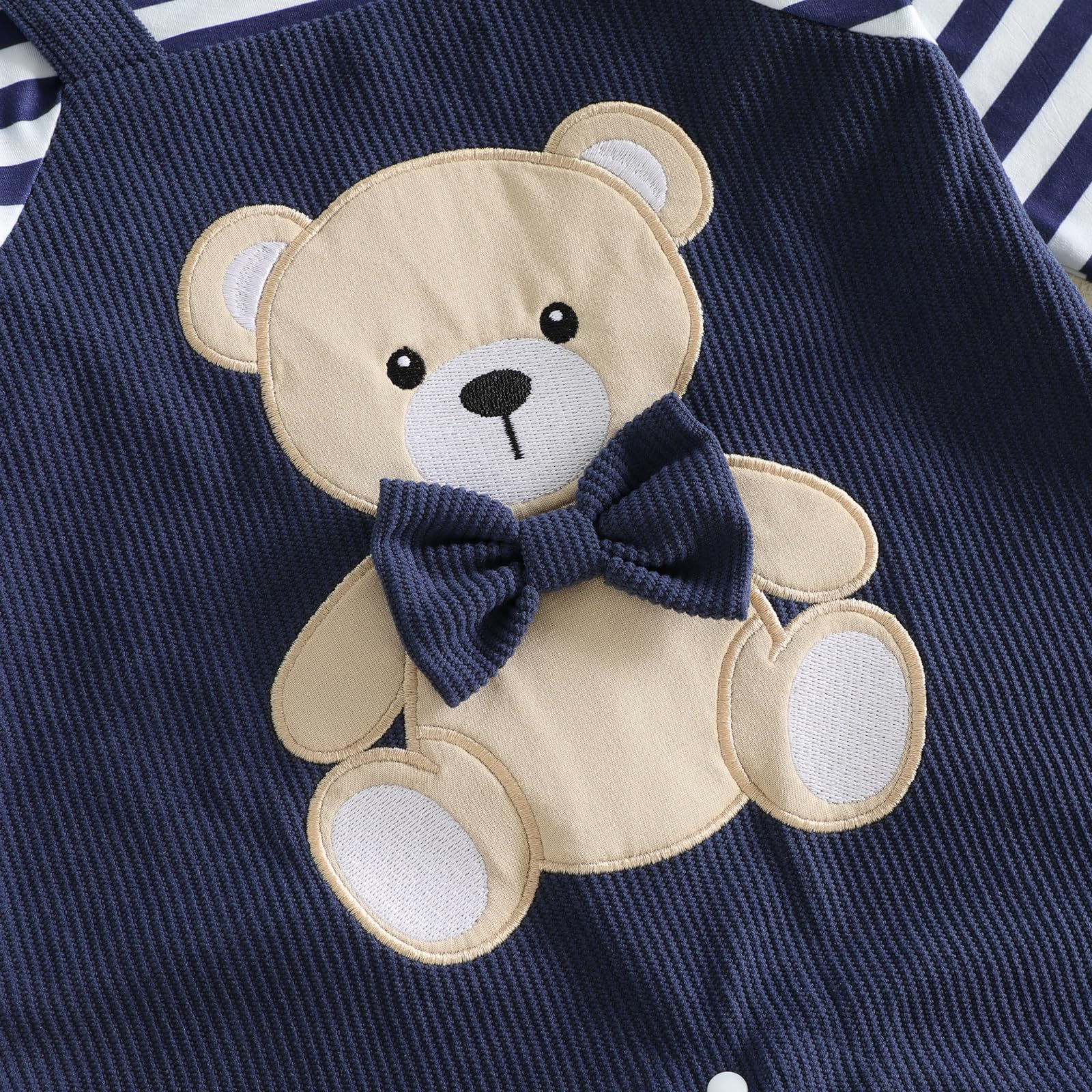 Baby Jungen Kleidung Kleinkind 3tlg Outfit Langarm Streifen Bär Stickerei Bodysuit + Bär-Ohren Hut Set Niedliche Jumpsuit Weiche Babyset