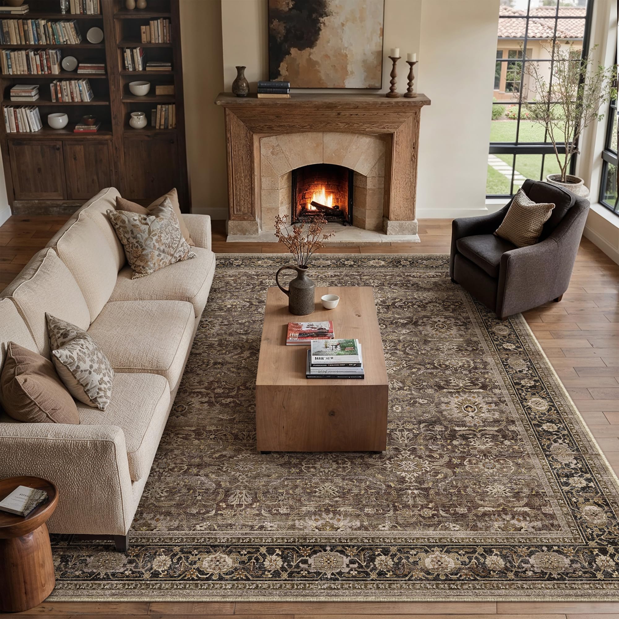 PureCozy Vintage Rugs Living Room Washable Rug 300x400cm Brown Bedroom Non Slip Carpet Bedroom Kitchen Dining Room Office Indoor Low Pile Soft Large Carpets