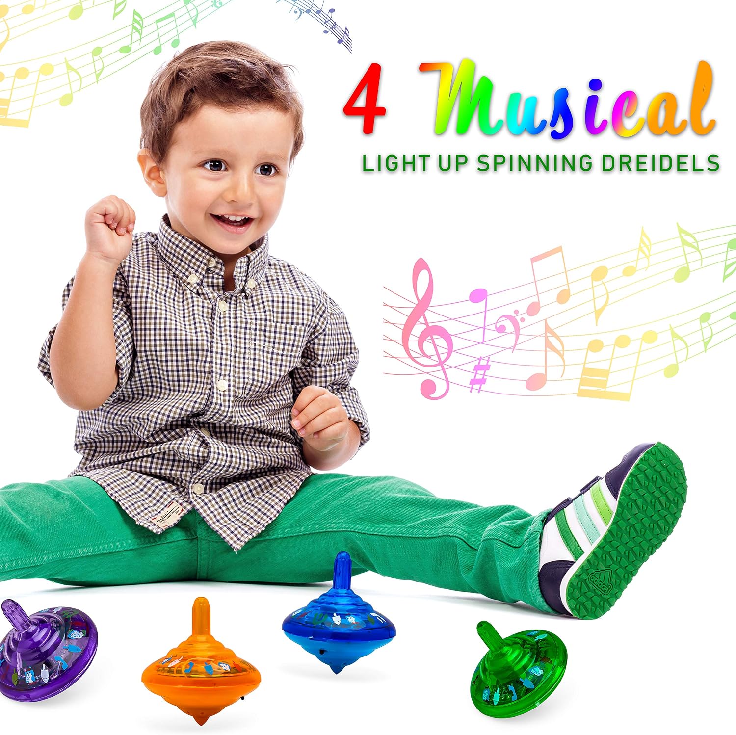 Musical Light Up Dreidel Set - Hanukkah Spinning Tops - Plays 2 Classic Hanukkah Songs - Assorted Colors (4 Pack)