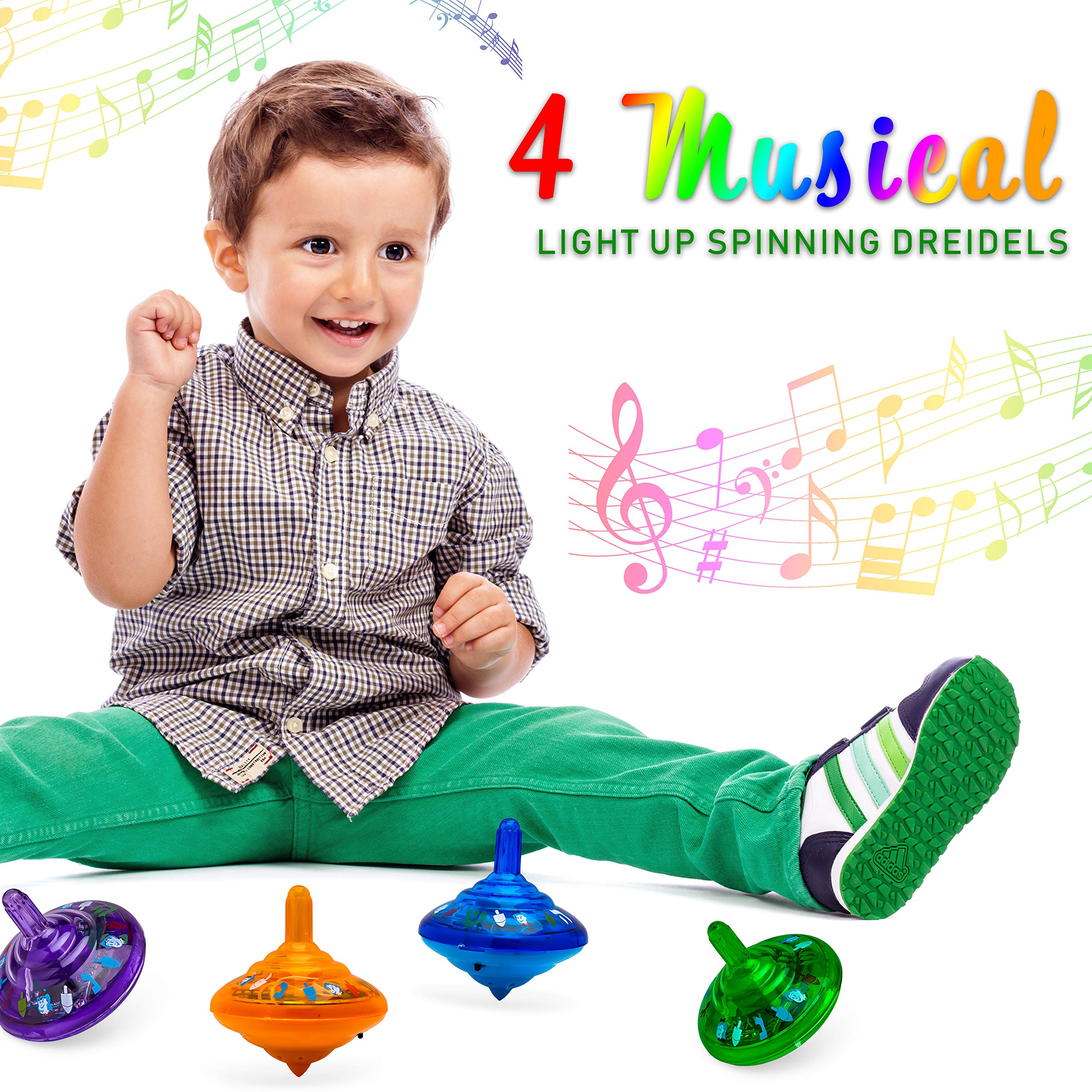 Dreidel-Set mit Musik, beleuchtet, Hanukkah-Kreisel, spielt 2 klassische Chanukka-Songs – verschiedene Farben (4 Stück)