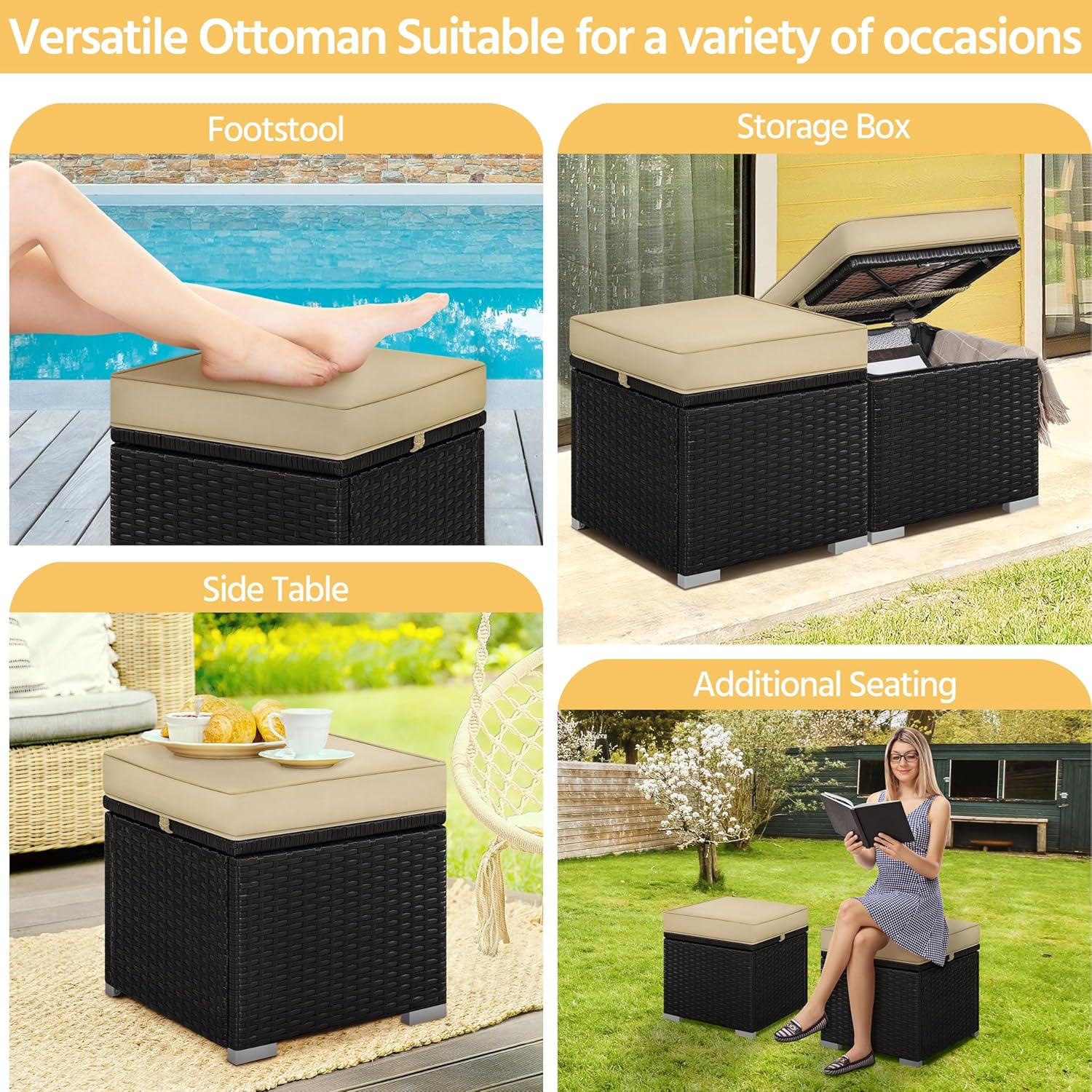 Yaheetech Wicker Ottomans, Set of 2 Patio PE Rattan Side Tables with Hidden Storage & Removable Cushion, Outdoor/Indoor Footstools, Additional Seating for Garden/Balcony/Yard, Brown/Khaki