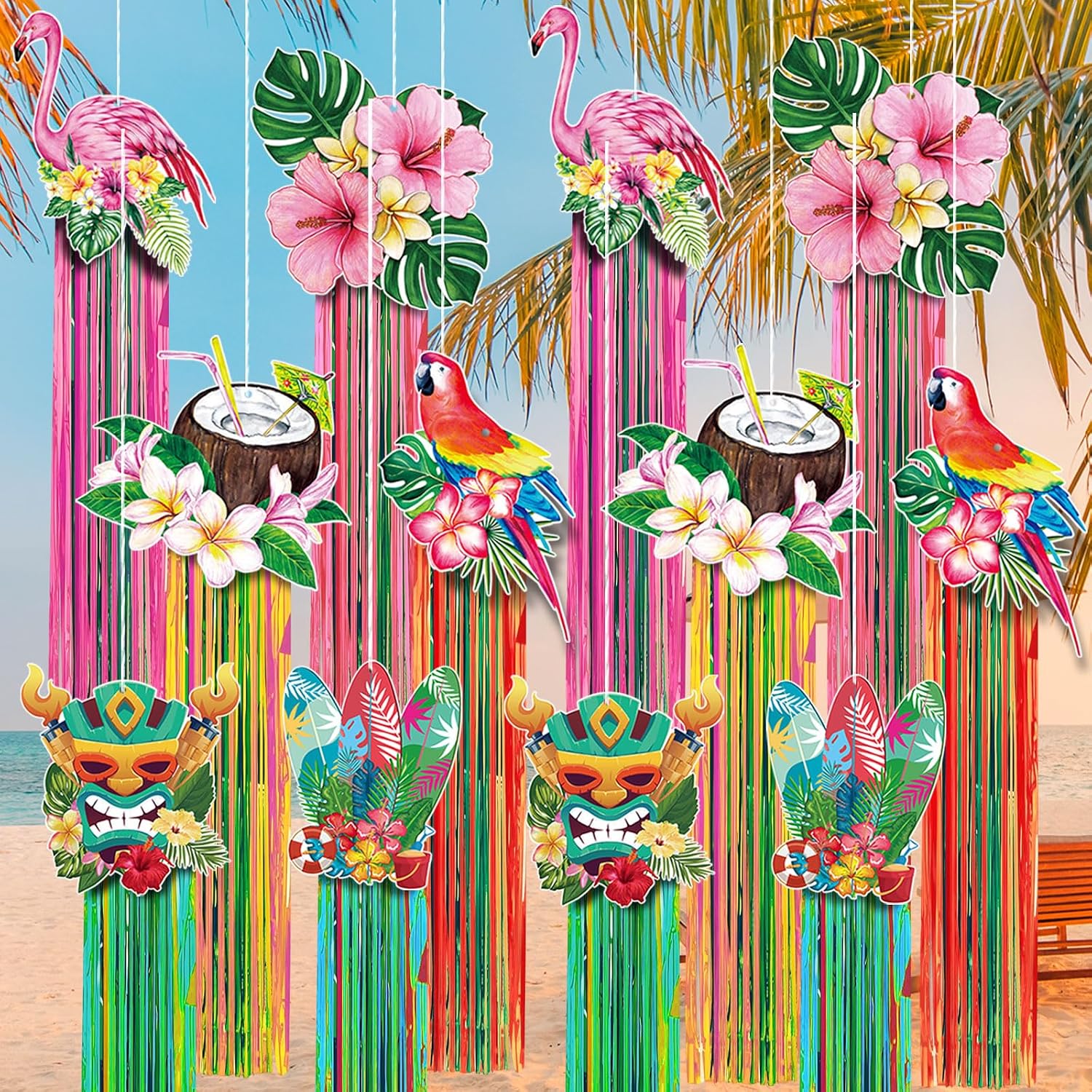 12 Pcs Hawaiian Luau Party Decoration Tropical Tiki Hanging Decorations with Tassels Tropical Birds Jungle Theme Party Decor for Summer Tropical Beach Birthday Party Supplies