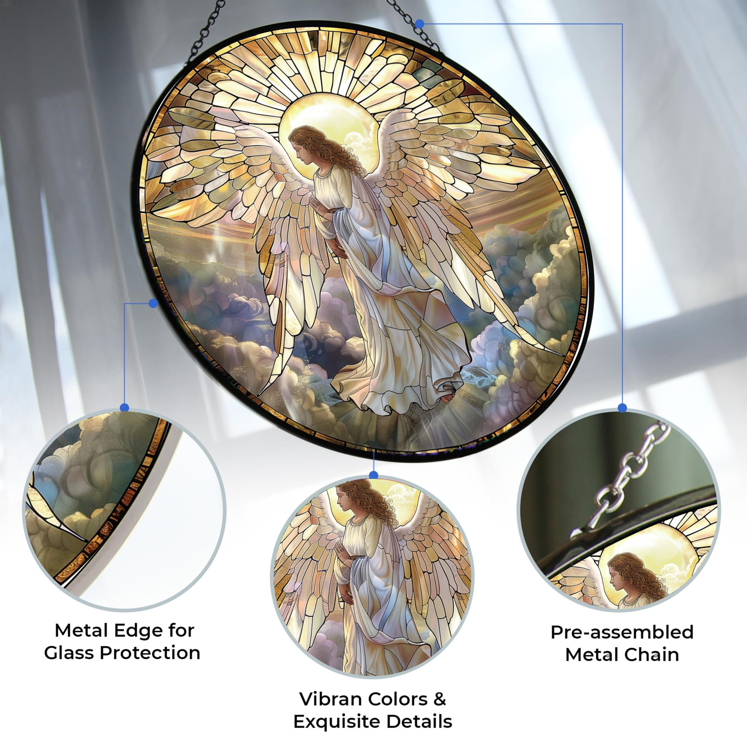 Engel-Pilz-Buntglas-Fensterbehang, 24,8 cm, Sonnenfänger, Glasscheibe, Boho-Wandkunst, Dekor mit Kette, handbemaltes, rundes Glas, Geschenke für Paare, Einweihungsgeschenk
