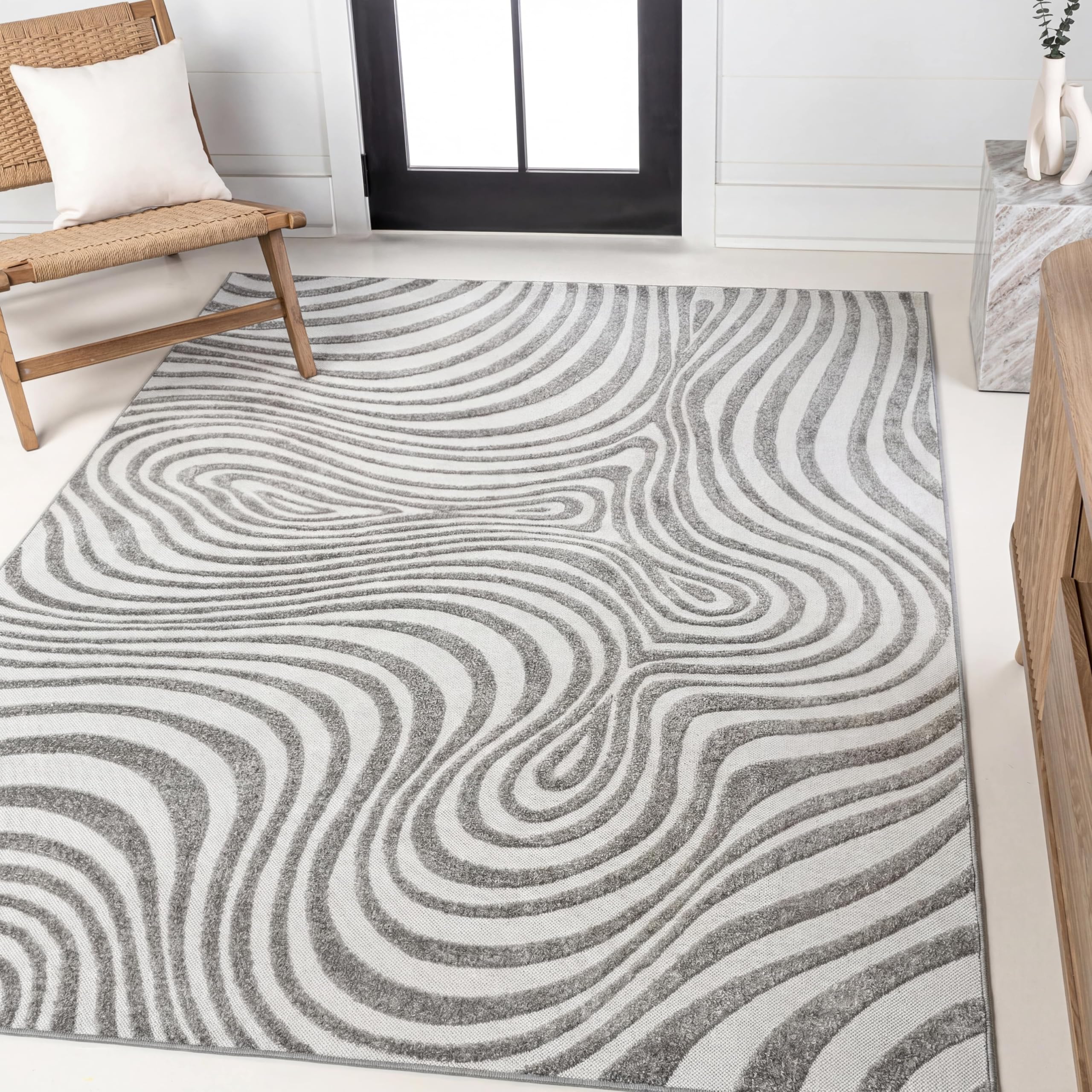 JONATHAN Y Maribo High-Low Abstract Striped Gray/Ivory 9x12 Indoor/Outdoor Area Rug, Pet Friendly, Non-Shedding, Stain Resistant, Easy-Cleaning for