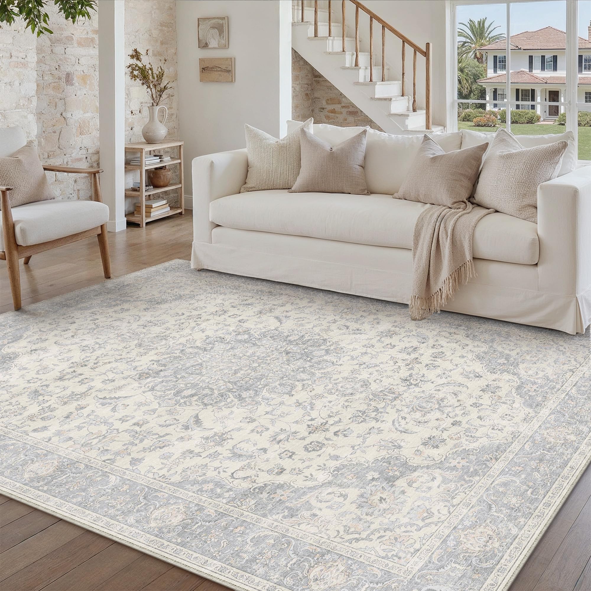 PureCozy Vintage Tapis Salon 160x230cm Gris Antidérapant Chambre Enfant Rug Lavable en Machine Grand Rugs Salle a Manger Bureau Salle de Jeux Carpets Interieur Doux Poil Ras Carpet