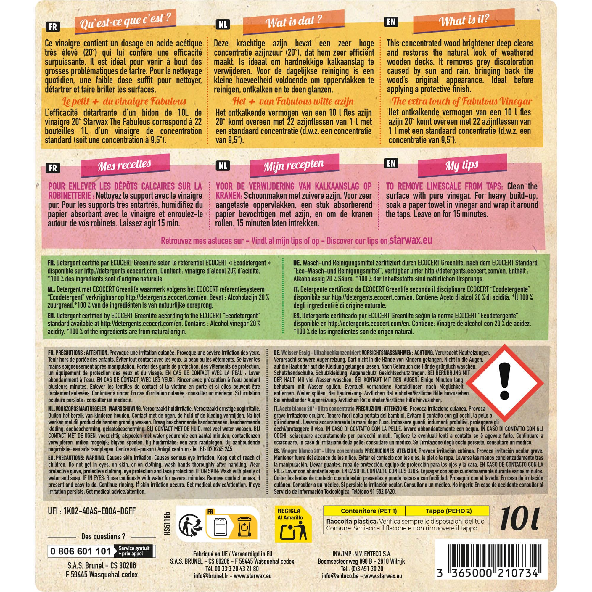 STARWAX FABULOUS Vinaigre blanc ménager 20° 10L | Détartrant surpuissant, robinetterie carrelage paroi de douche et textile, issu de betteraves, fabriqué en France