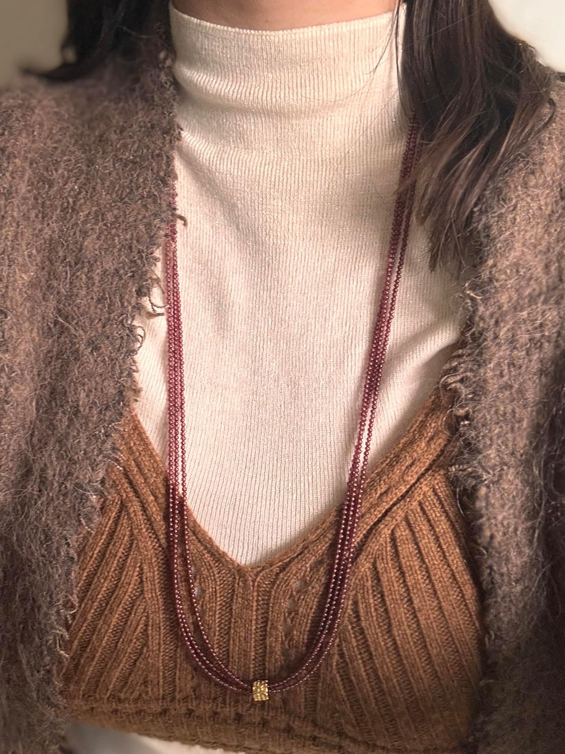 Vintage-Inspired Triple Strand Wine-Red Garnet Long Necklace with Gold Ornate Brass Bead, Exquisite Handcrafted Beaded Gemstone Jewelry for Banquets & Formal Occasions