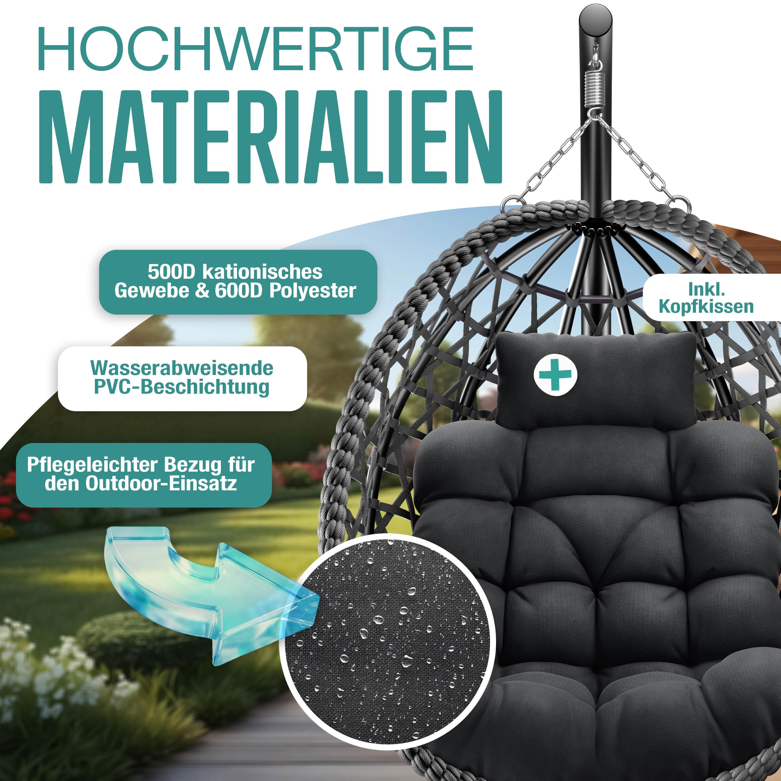 KESSER® Hängesessel mit Gestell Outdoor Indoor Schaukelstuhl Polyrattan 360° 150kg Tragkraft inkl. Polsterkissen & 2in1 Deckenhalterung + Cover – Relaxschaukel - Garten, Balkon, Terrasse, Anthrazit