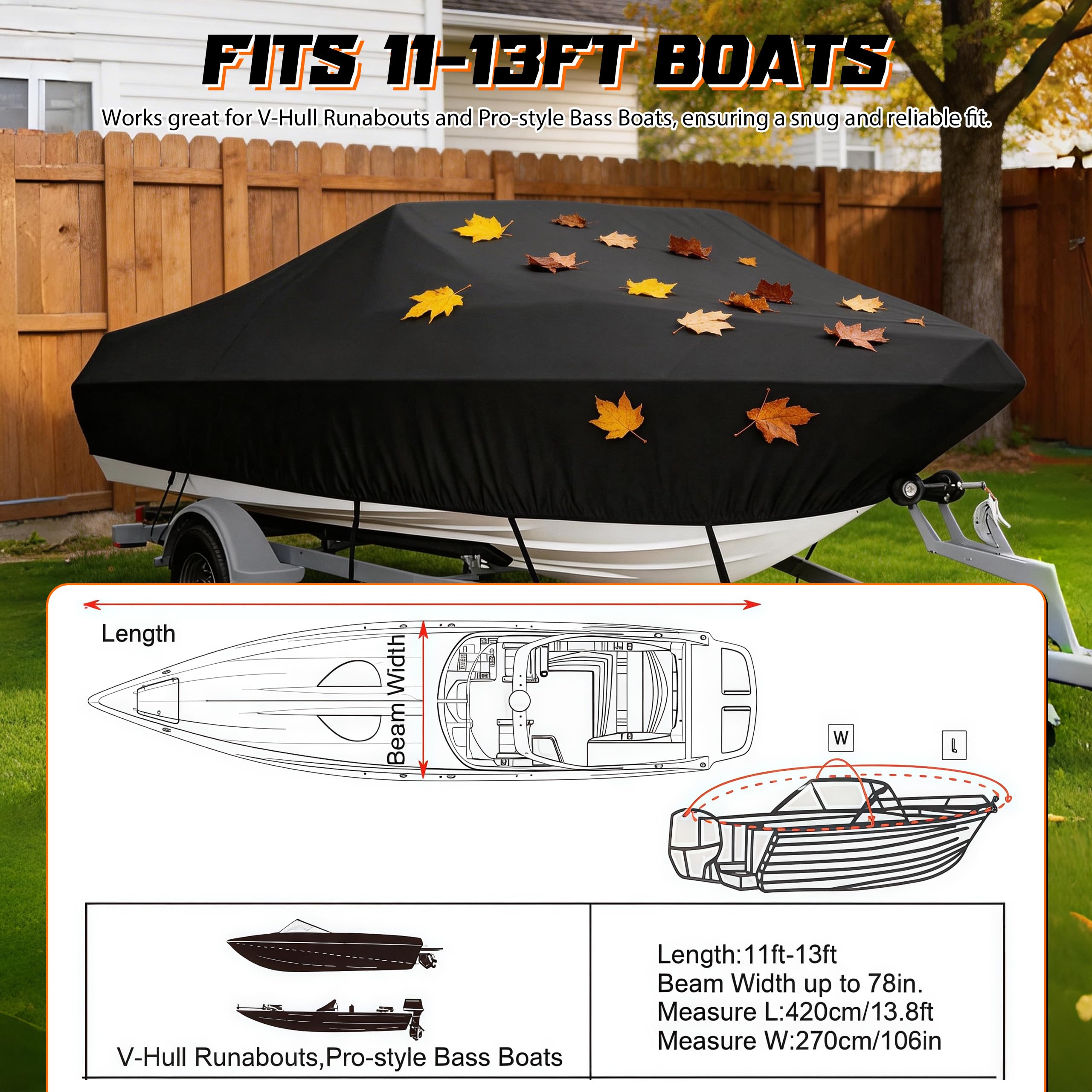 Bootsplane, Bootsabdeckung, 420D Oxford Gewebe Wasserdicht Bootspersenning Abdeckung Abdeckplanen, Boote Persenning mit Aufbewahrungstasche für V-Rumpf, Ruderboot, Angelboot, 11-27 Fuß