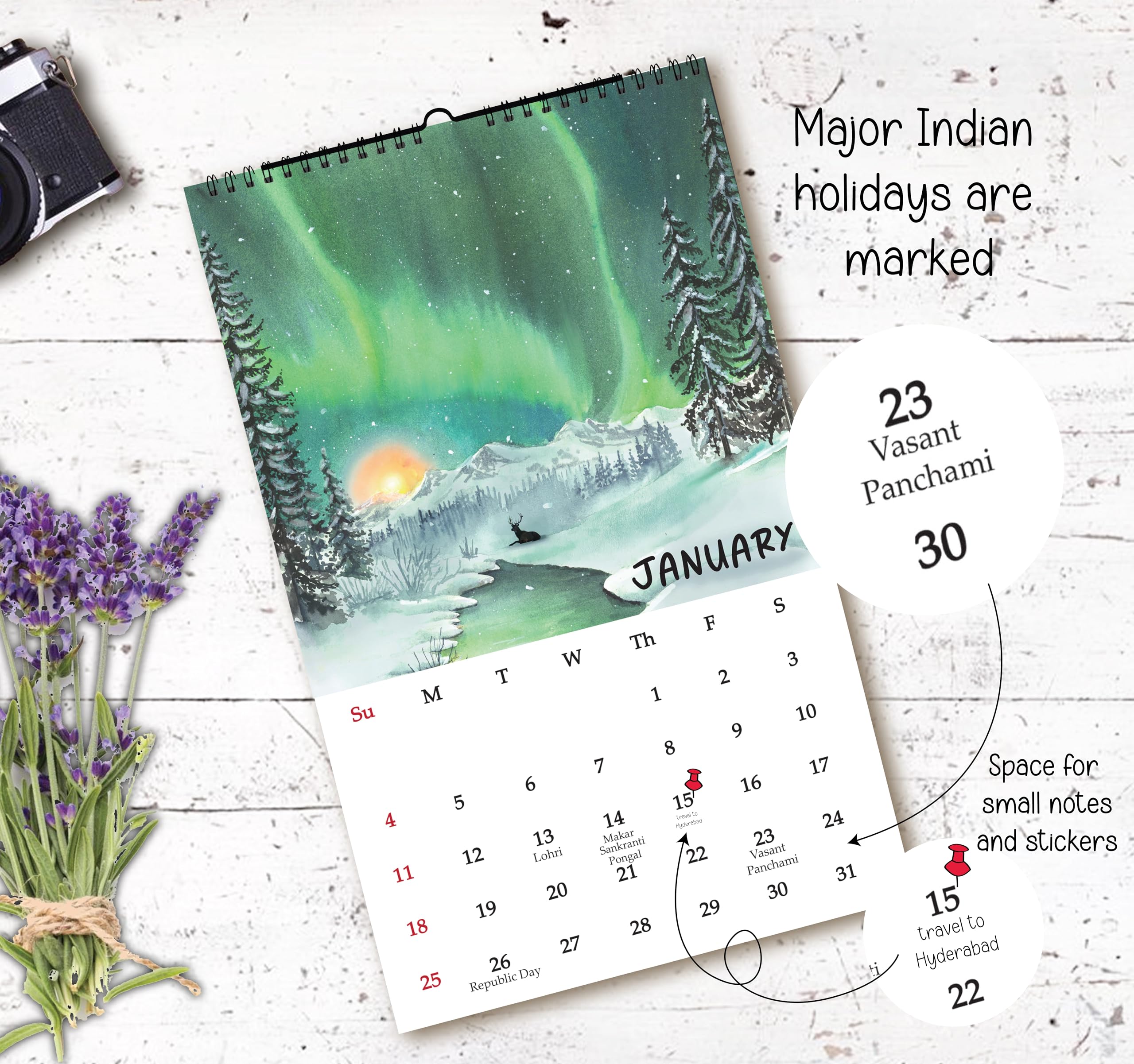 Anujarusiya Calendar 2026-2027 Wall Hanging | 11”X 17.5”| Wilderness Nature Watercolors Paintings Printed on 300 GSM Paper | Notes, Scheduling and Planning | Office and Home 4