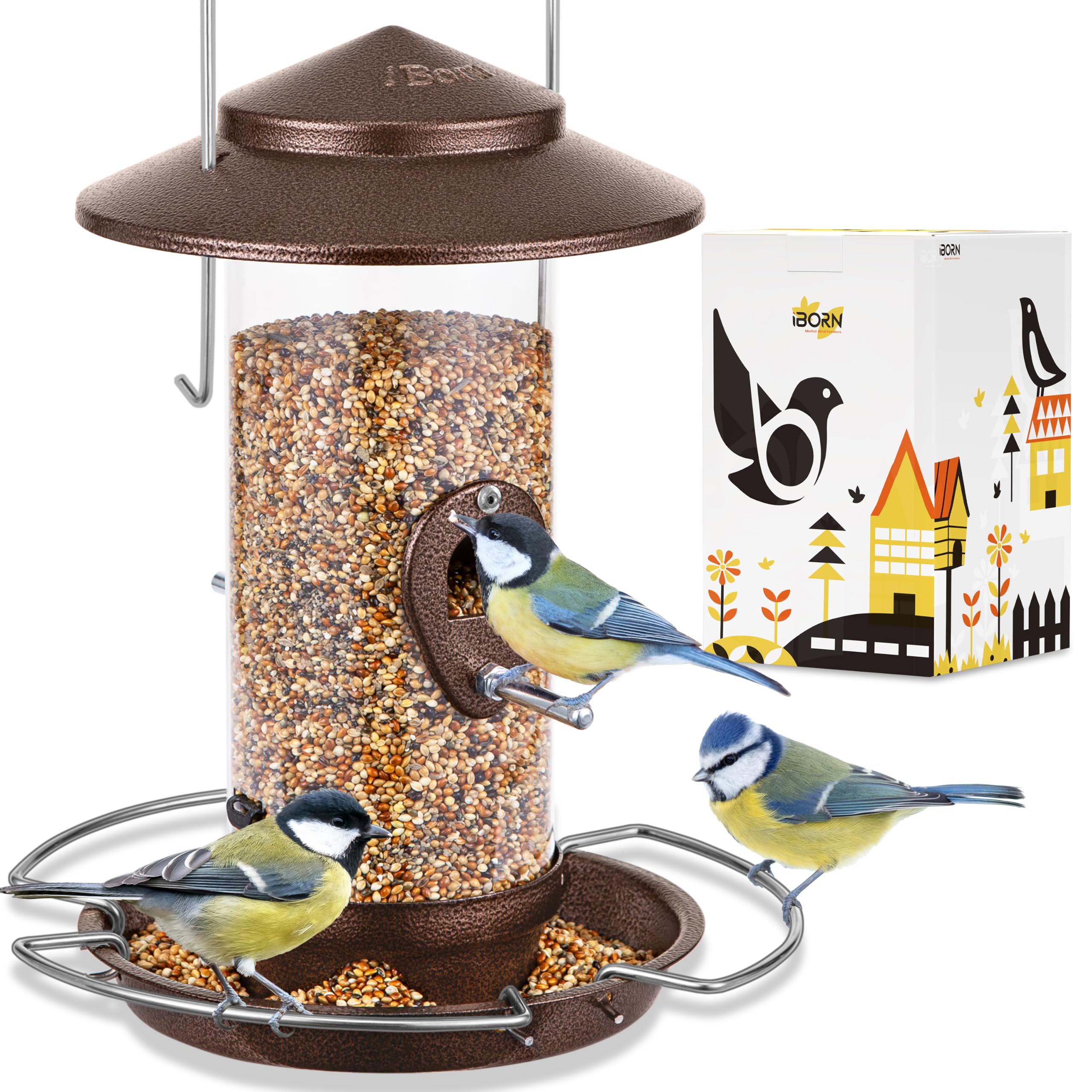 iBorn Bird Feeder Chew Proof Metal Hanging Birds Feeder Bird Feeders for Outdoors Hanging Outside for Cardinal, 3 Perches with 2 Feeding Ports, Brushed Coffee (Seed is not Included)
