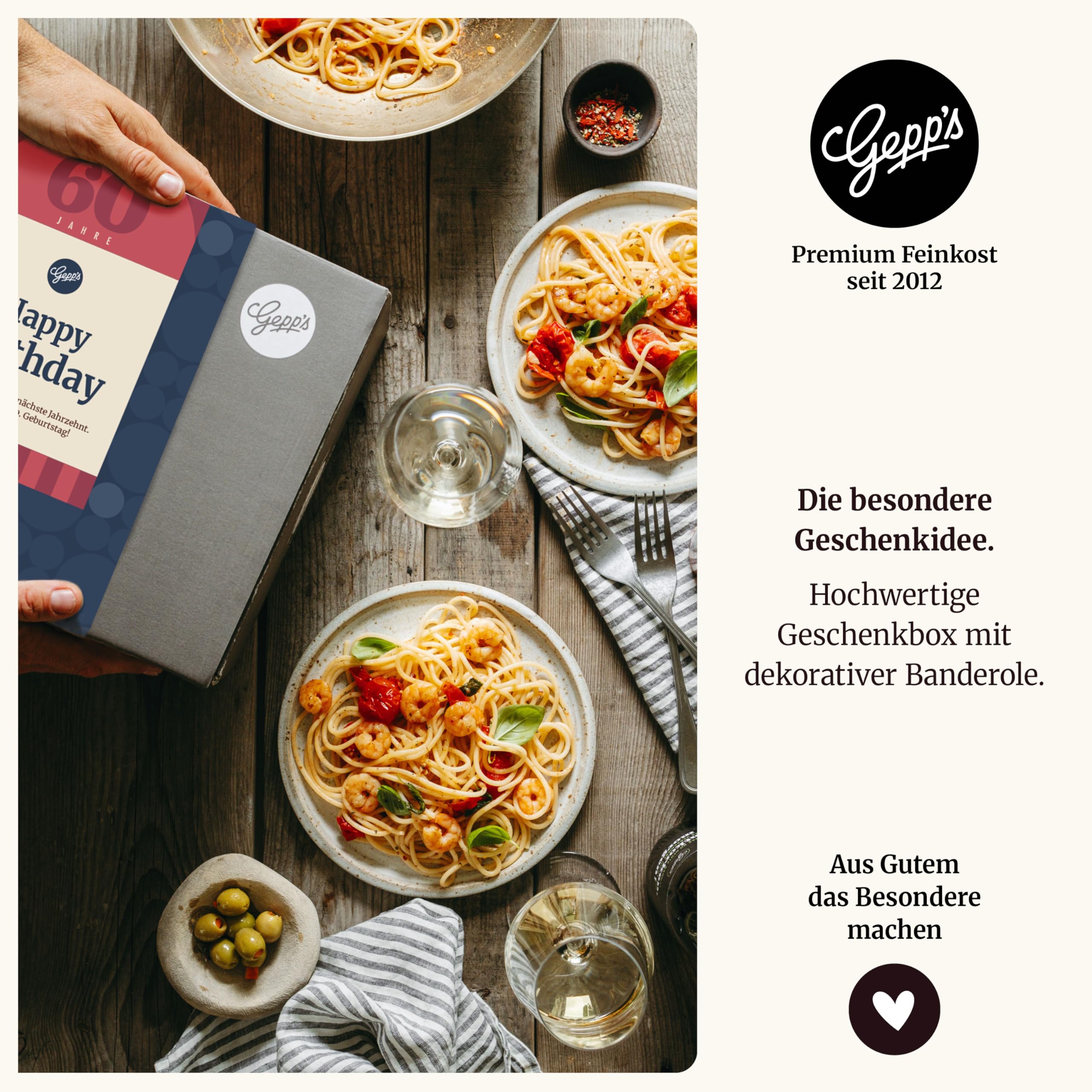 Gepp’s Feinkost Gourmet Geschenkset 60. Geburtstag Wein Gewürze Essig Pasta Parmesanreibe Geschenkkorb