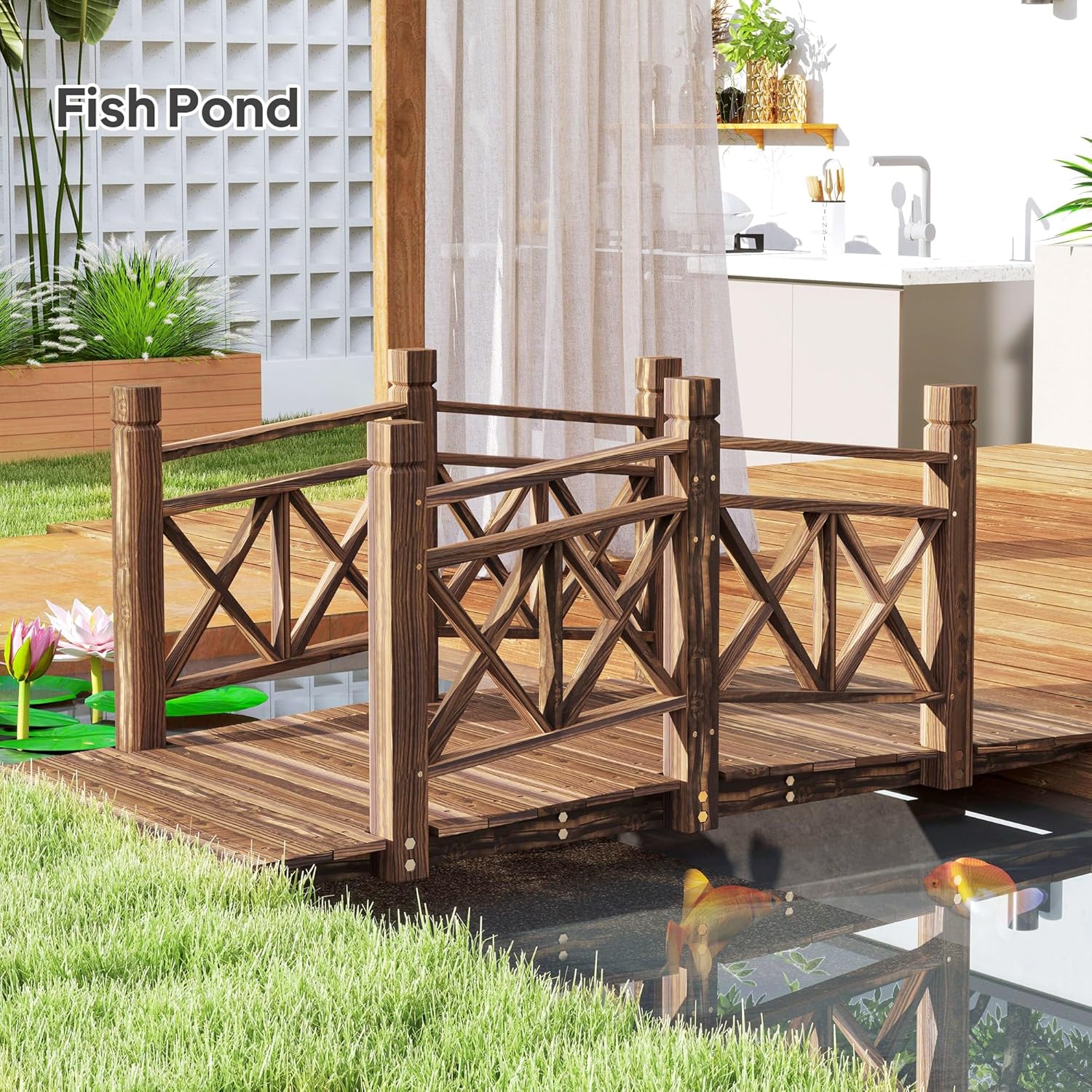 4.7FT Arched Garden Bridge, Solid Wood Footbridge for Outdoors, Decorative Landscape Bridge for Pond, Creek & Backyard, Carbonized Wood with Varnish Finish, Handrail for Safety