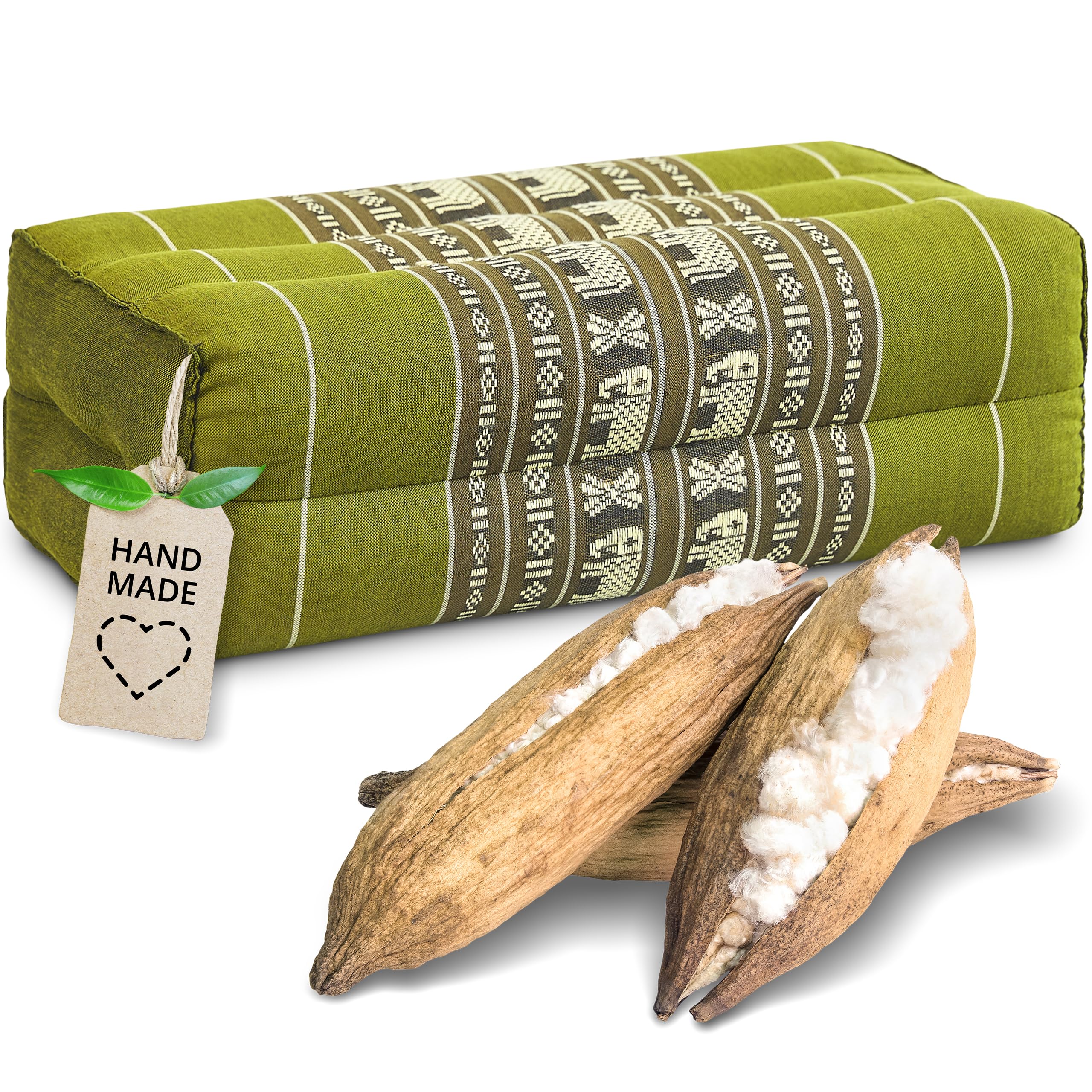 livasia block yoga cushion square-cut - 7x13x5″ - Meditation kapok, Rectangular bolster support cushion, Yoga Pilates accessory neck pillow, Thai cushion firm hand made (Green/Elephants) — image 1