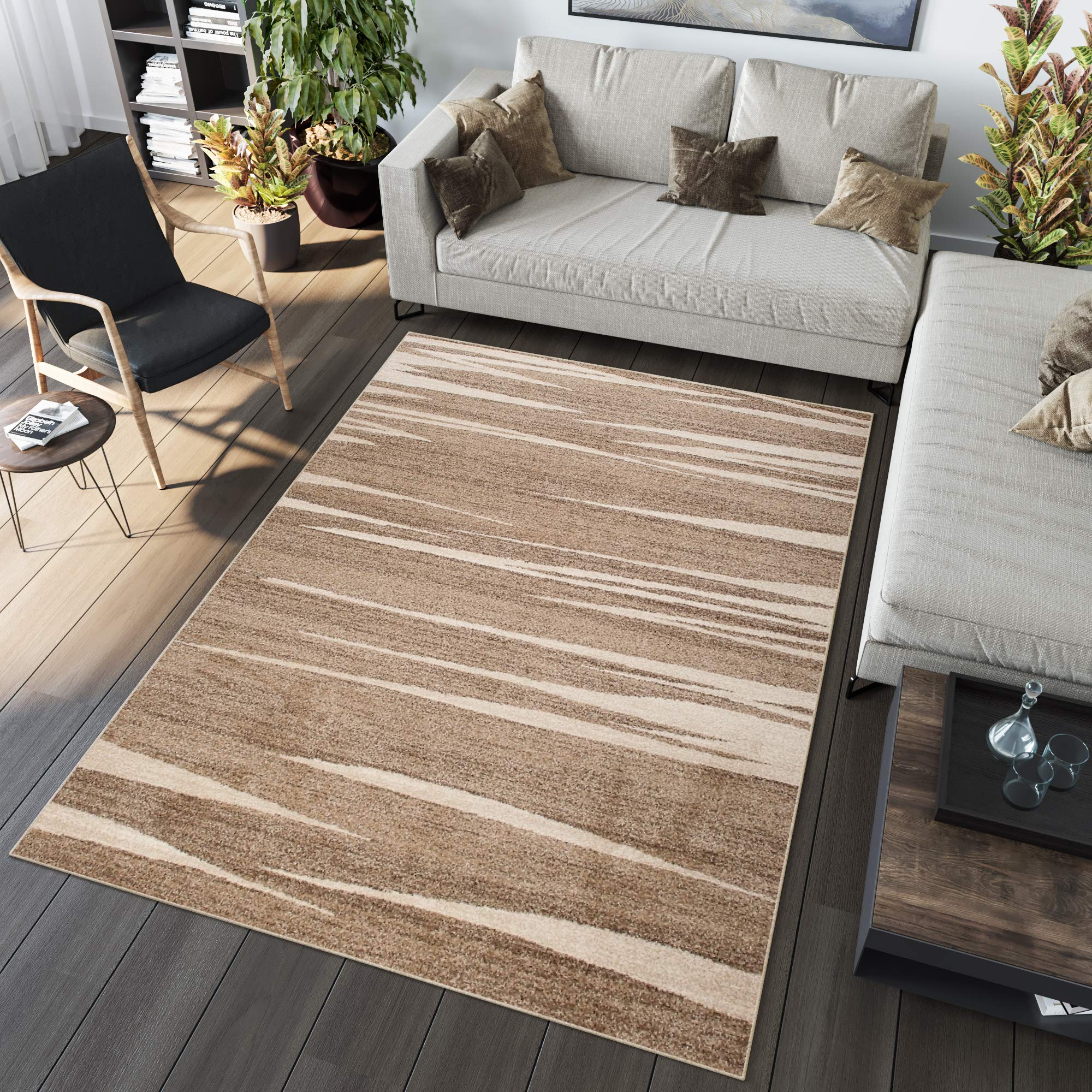 Tapiso Sari dywan z krótkim włosiem, melanż, nowoczesny, beżowy, brązowy, kremowy, designerskie paski, abstrakcyjny wzór, do salonu, Ökotex 180 x 260 cm