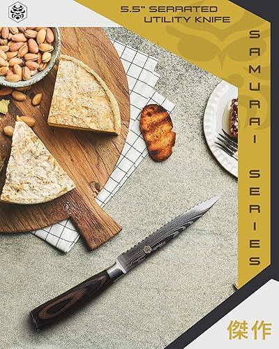 Miniatura 7 de KESSAKU Cuchillo multiusos dentado de 5.5 pulgadas - Serie Samurai - Cuchillo de cocina afilado - Acero inoxidable de alto carbono forjado 7Cr17MoV