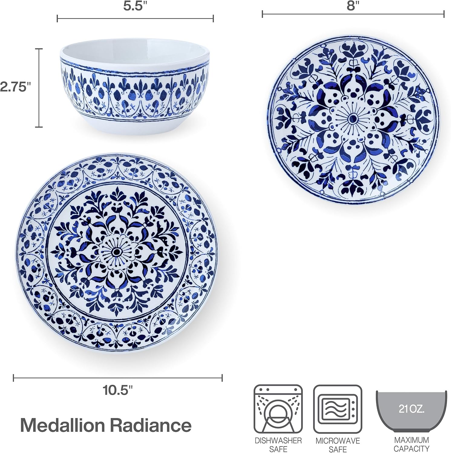 Pfaltzgraff Medallion Radiance 12 Piece Stoneware Dinnerware Plate Bowl Dish Set, Service for 4, Blue - Image 4