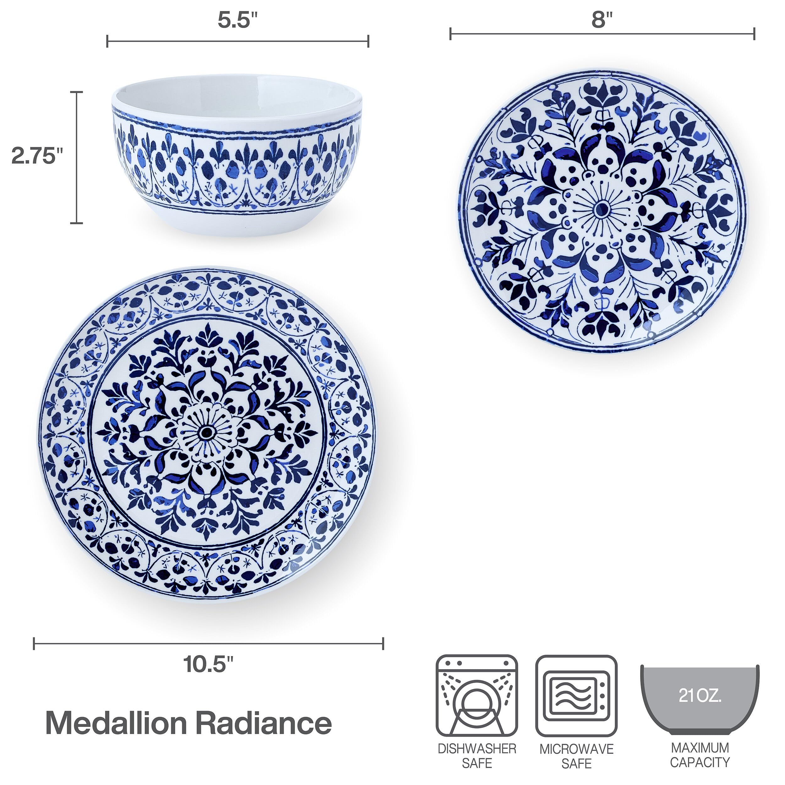 Pfaltzgraff Medallion Radiance 12-teiliges Geschirrset aus Steingut, Teller und Schüssel, Service für 4 Personen, Blau