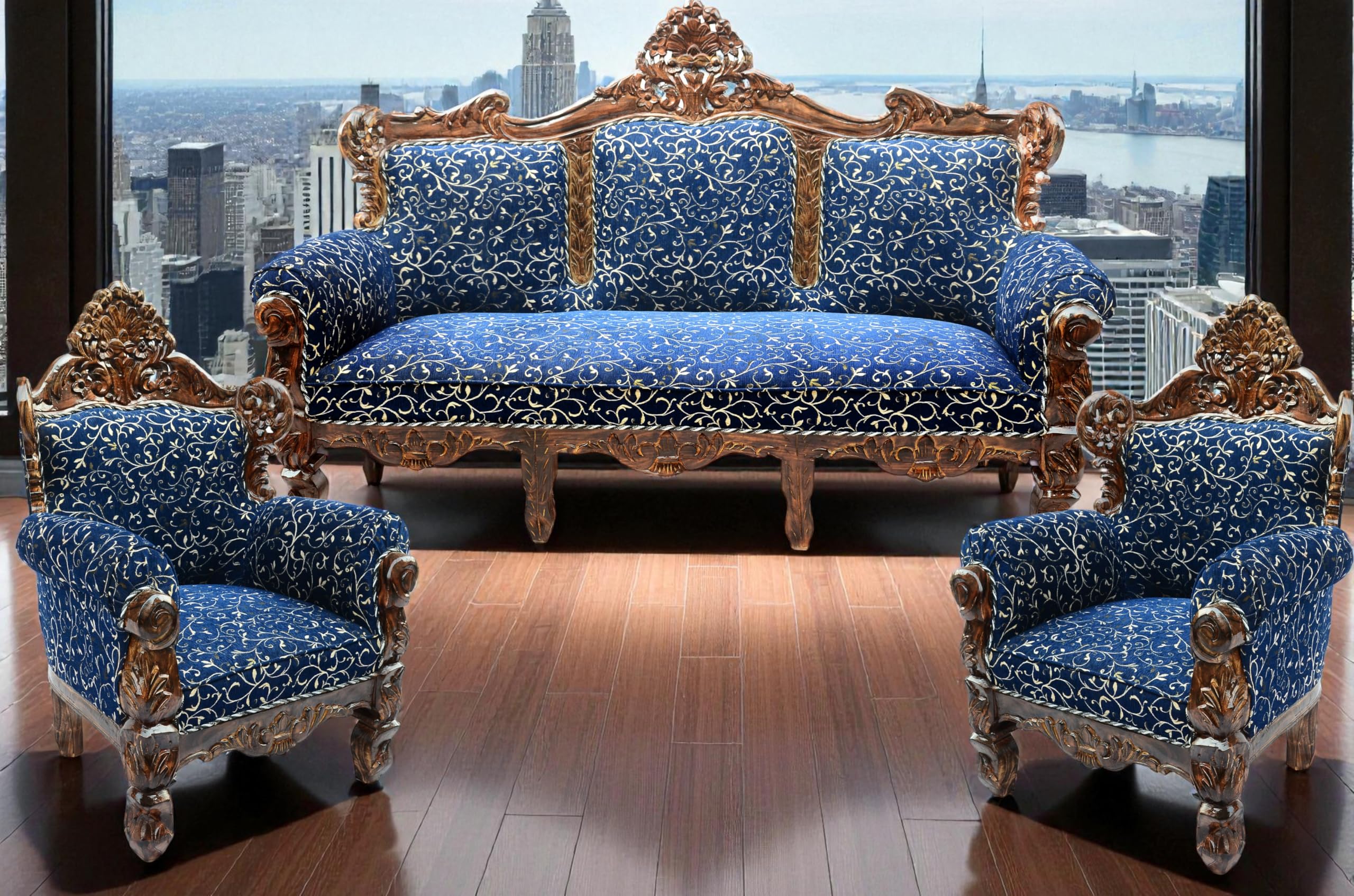 W.S. HANDICRAFTS Wooden 5 Seater Sofa Set, Solid Wood Sofa 3+1+1 with Cushion Seating, Traditional Design Furniture for Living Room, Home, Office, Bedroom