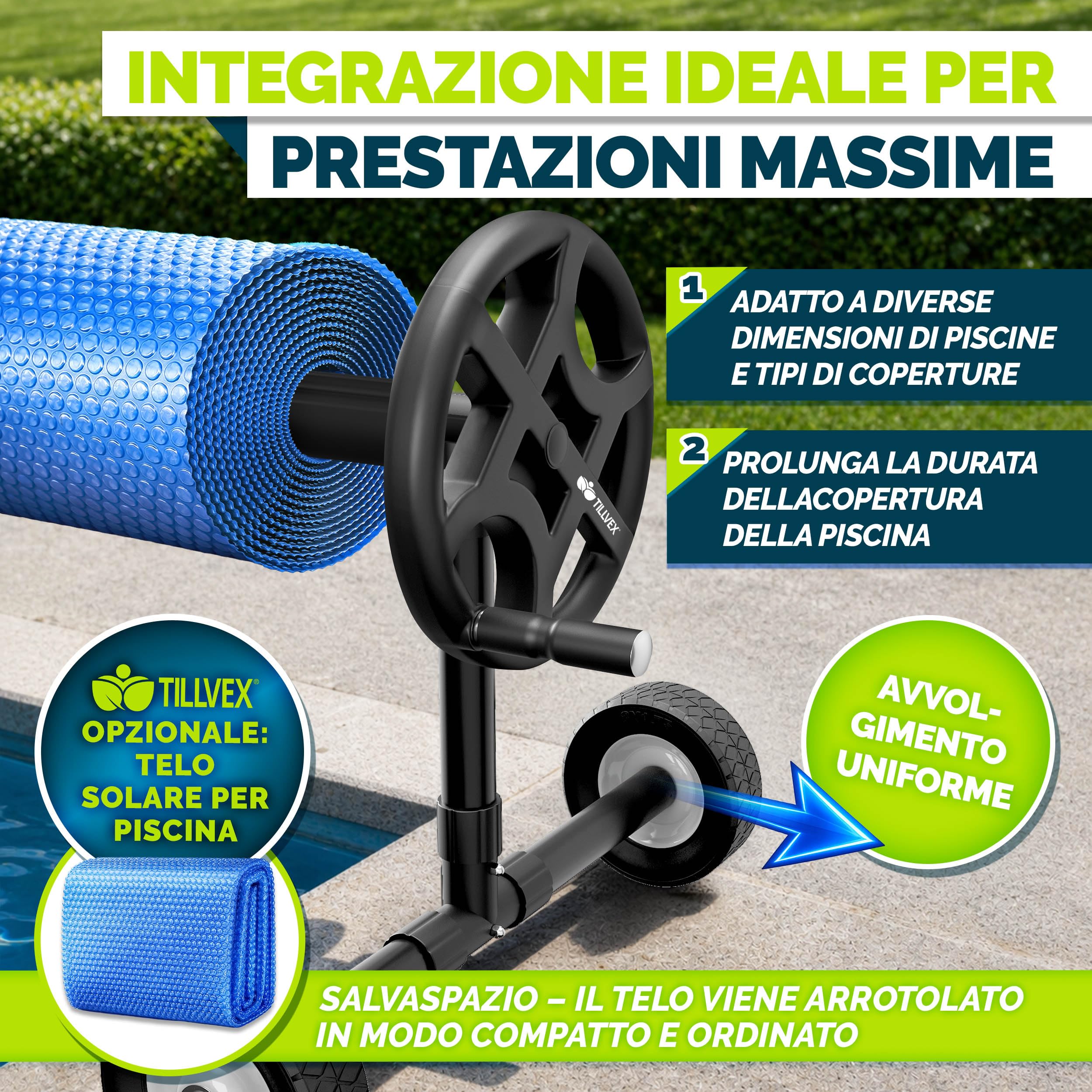 tillvex Rullo Avvolgitore per Telo da Piscina 3-5,70 m con termometro e nastri di fissaggio | Sistema di avvolgimento per Teli solari | Dispositivo di avvolgimento per Teli per Piscina e coperture