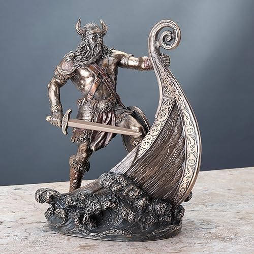 Miniatura 6 de Veronese Design Guerrero vikingo nórdico de 9,5 pulgadas de pie en estatua larga con acabado de bronce antiguo de proa de barco