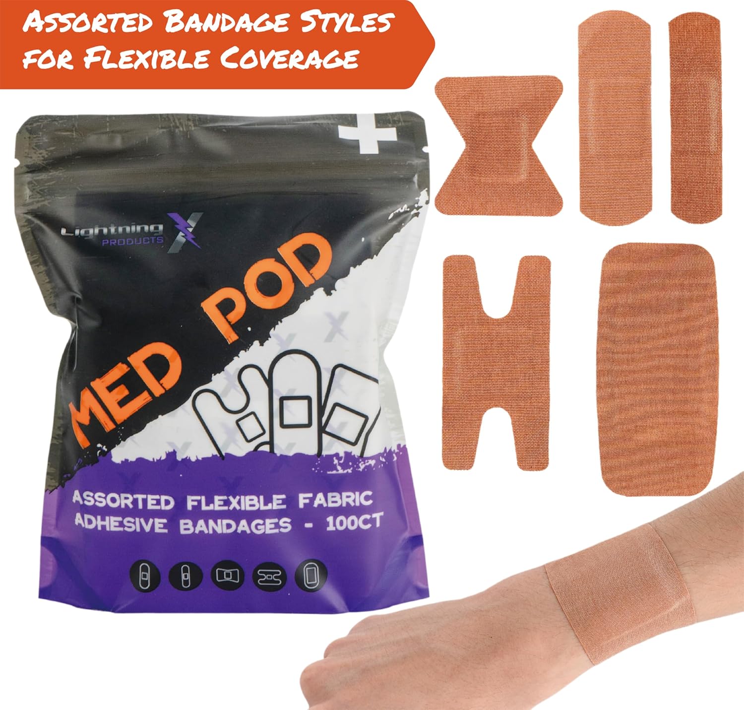 Lightning X Products Heavy Duty Flexible Fabric Assorted Adhesive Bandages for First Aid Kits (Pack of 100), 5 Sizes