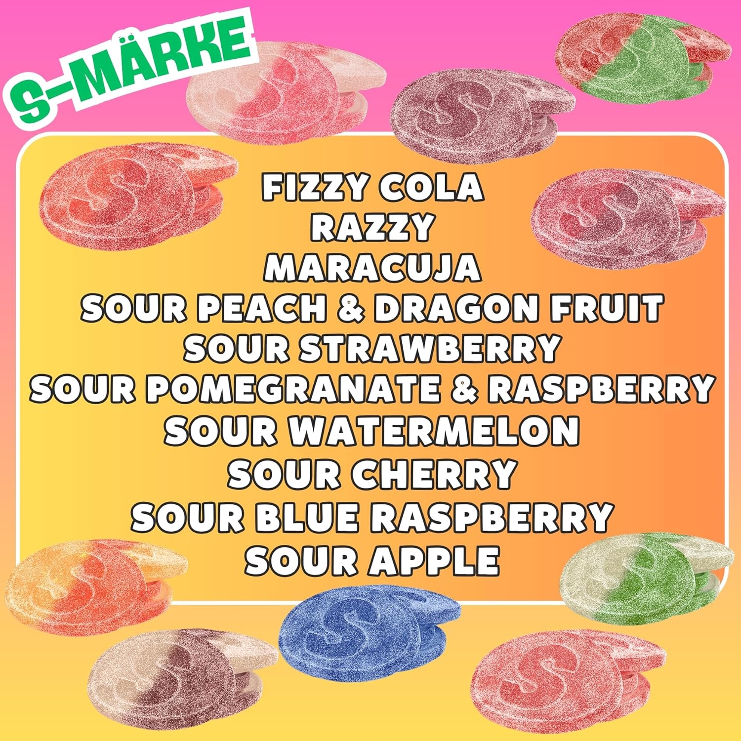 Swedish Candy S-Märke Mix – 1 Pound of Gummy Candy With 10 Flavor Variety, Fizzy Cola, Razzy, Maracuja, Sour Peach & Dragon Fruit, Sour Strawberry, Sour Pomegranate & Raspberry, Sour Watermelon, Sour Cherry, Sour Blue Raspberry & Sour Apple